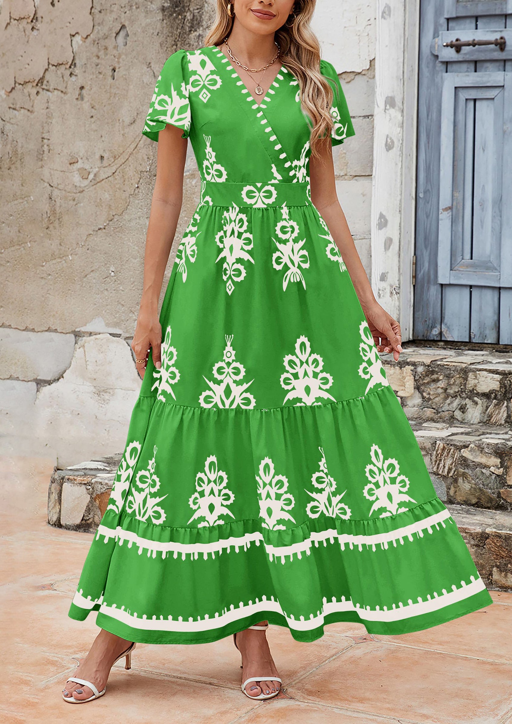 PRETTYGARDEN Womens Casual V Neck Boho Maxi Dress Flowy Aline Bell Sleeve Tiered Floral Dresses with Pocket