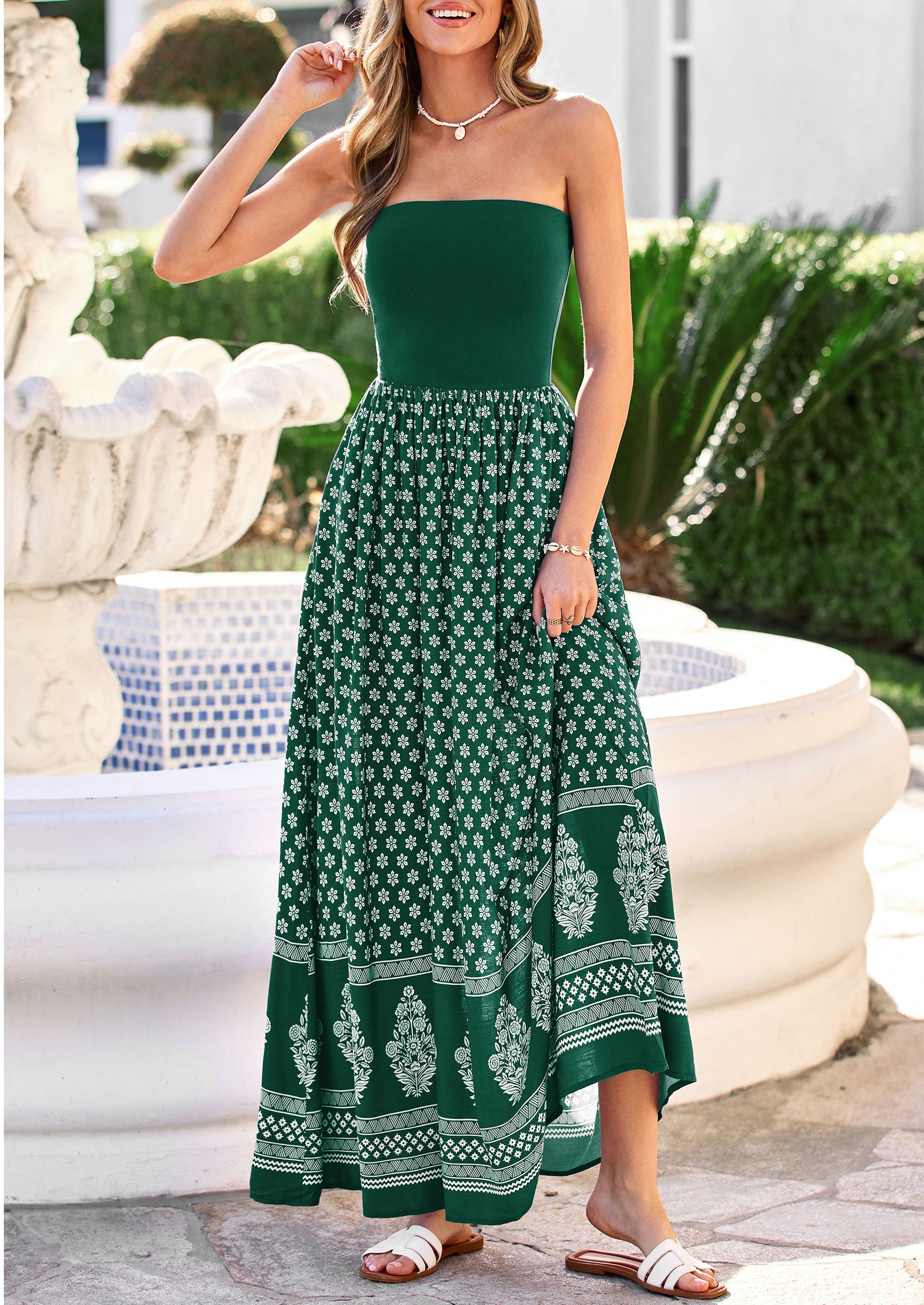 PRETTYGARDEN Summer Dresses for Women 2026 Floral Patchwork Strapless Tube Long Flowy Dress Beach Vacation Clothes