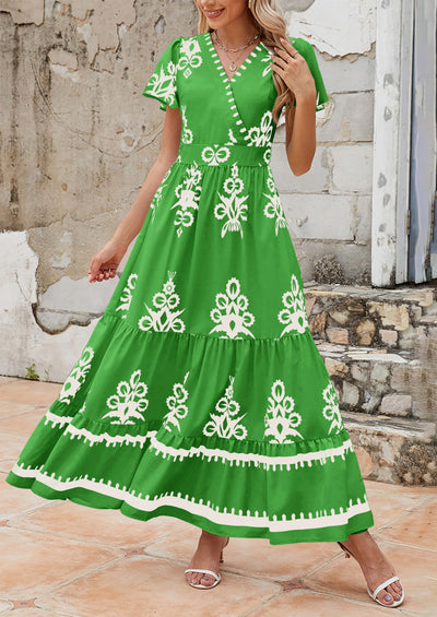 PRETTYGARDEN Womens Casual V Neck Boho Maxi Dress Flowy Aline Bell Sleeve Tiered Floral Dresses with Pocket