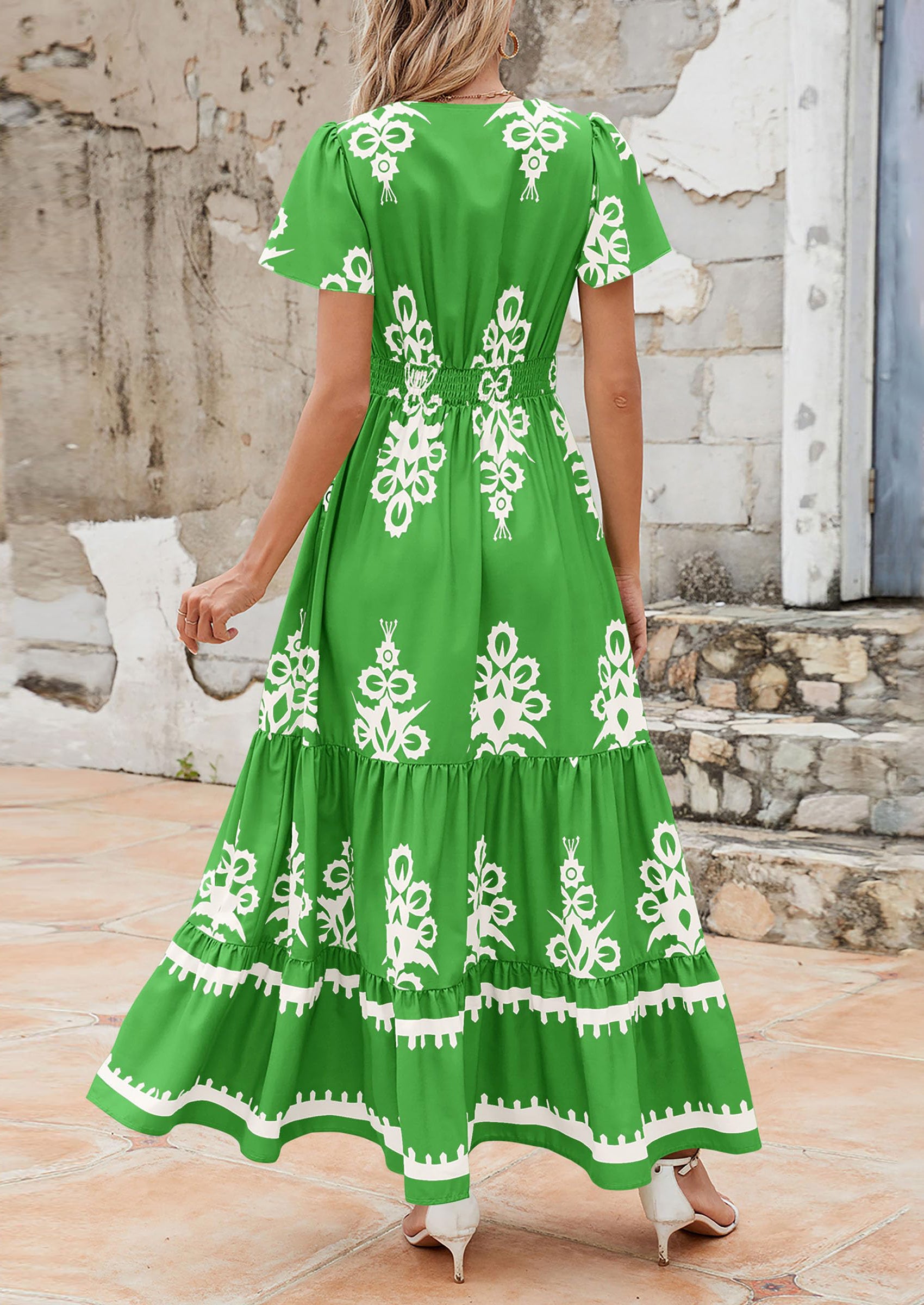 PRETTYGARDEN Womens Casual V Neck Boho Maxi Dress Flowy Aline Bell Sleeve Tiered Floral Dresses with Pocket