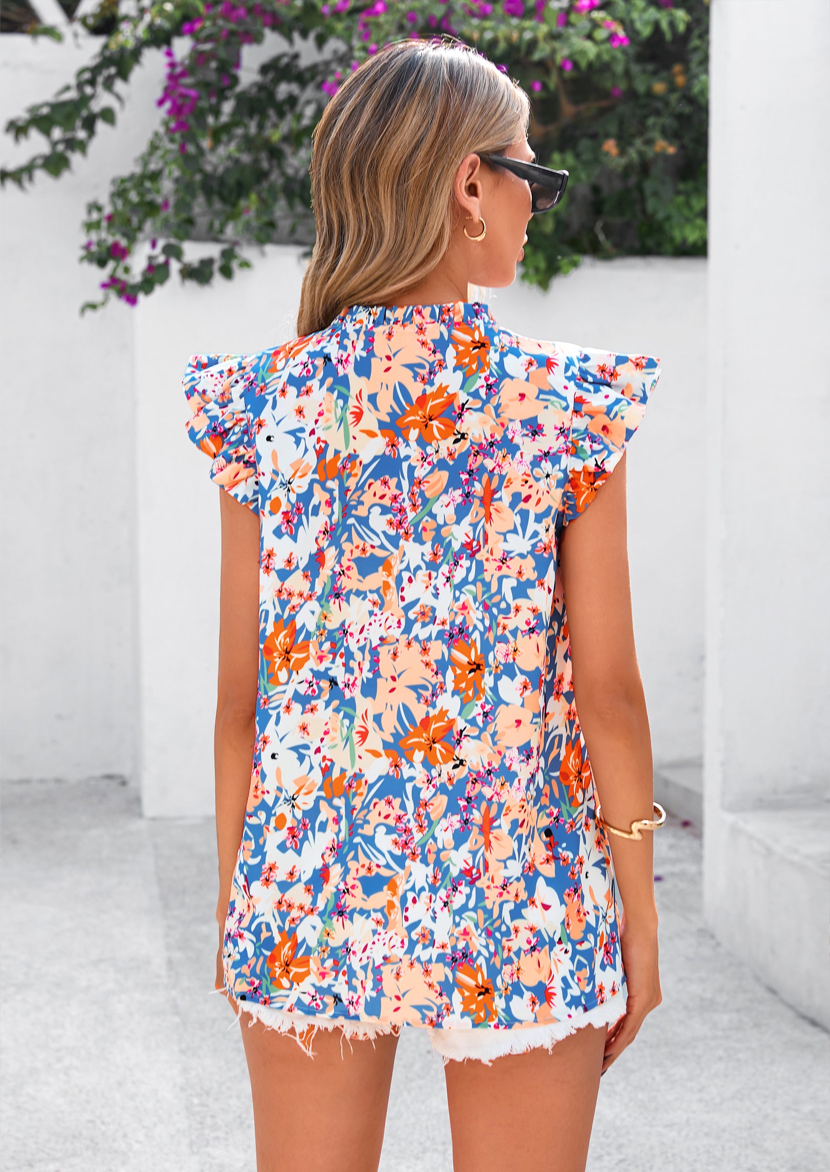PRETTYGARDEN Women Button Down Boho Shirts Floral Ruffle Cap Sleeve Mock Neck Flowy Casual Summer Blouses Tops