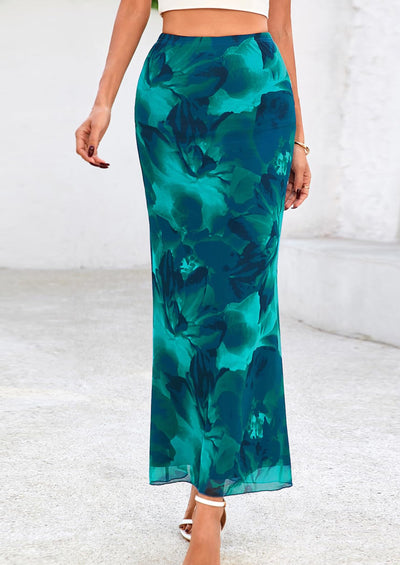 PRETTYGARDEN Women's Floral Print Mesh Long Skirt High Waisted Bodycon Fishtail Flowy Summer Maxi Skirts for Women Trendy