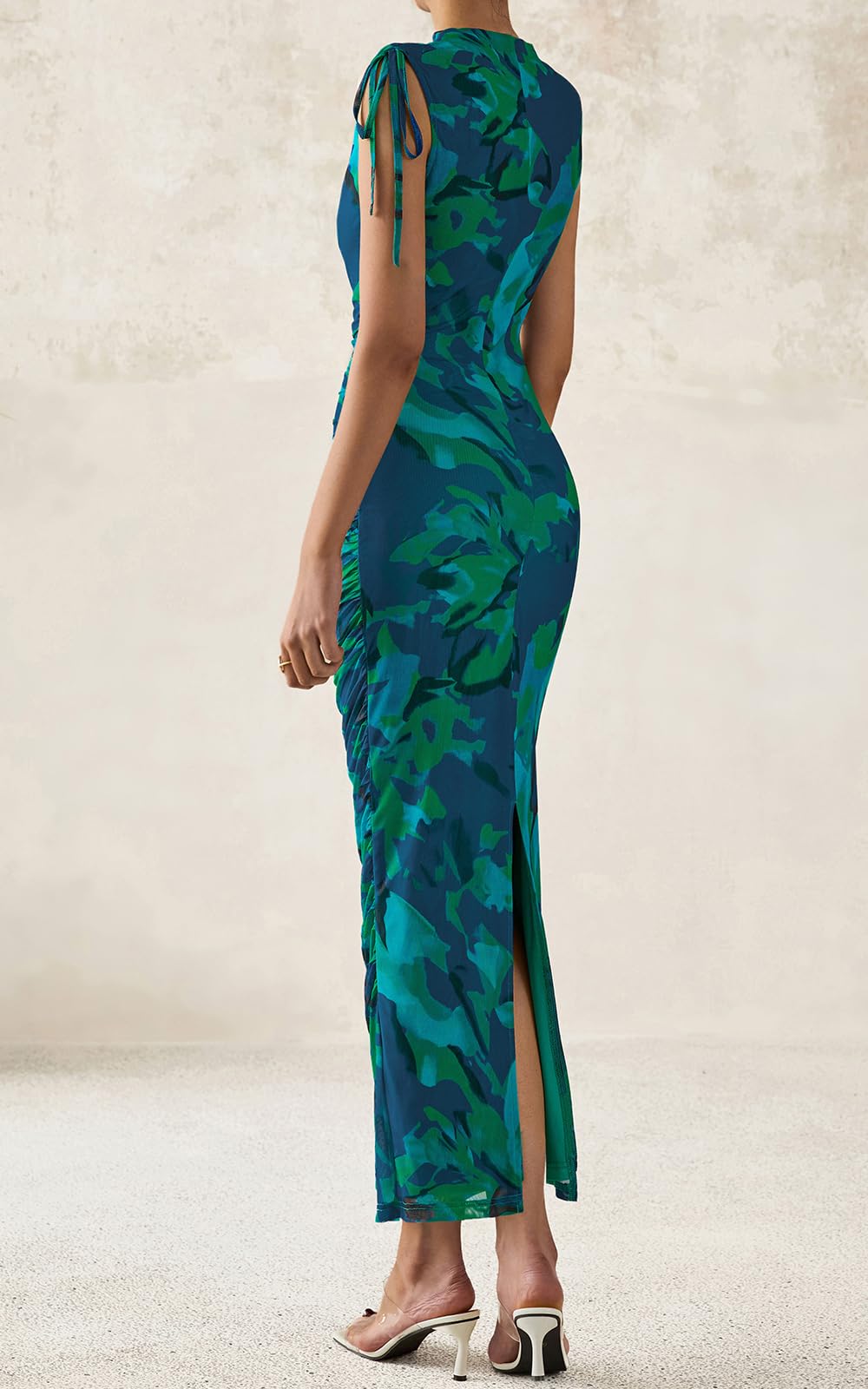 PRETTYGARDEN Women's Summer Maxi Floral Dresses Ruched Bodycon Sleeveless Mesh Formal Wedding Guest Cocktail Split Long Dress PRETTYGARDEN