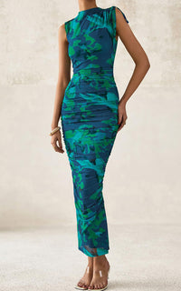 PRETTYGARDEN Women's Summer Maxi Floral Dresses Ruched Bodycon Sleeveless Mesh Formal Wedding Guest Cocktail Split Long Dress PRETTYGARDEN