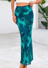 PRETTYGARDEN Women's Floral Print Mesh Long Skirt High Waisted Bodycon Fishtail Flowy Summer Maxi Skirts for Women Trendy