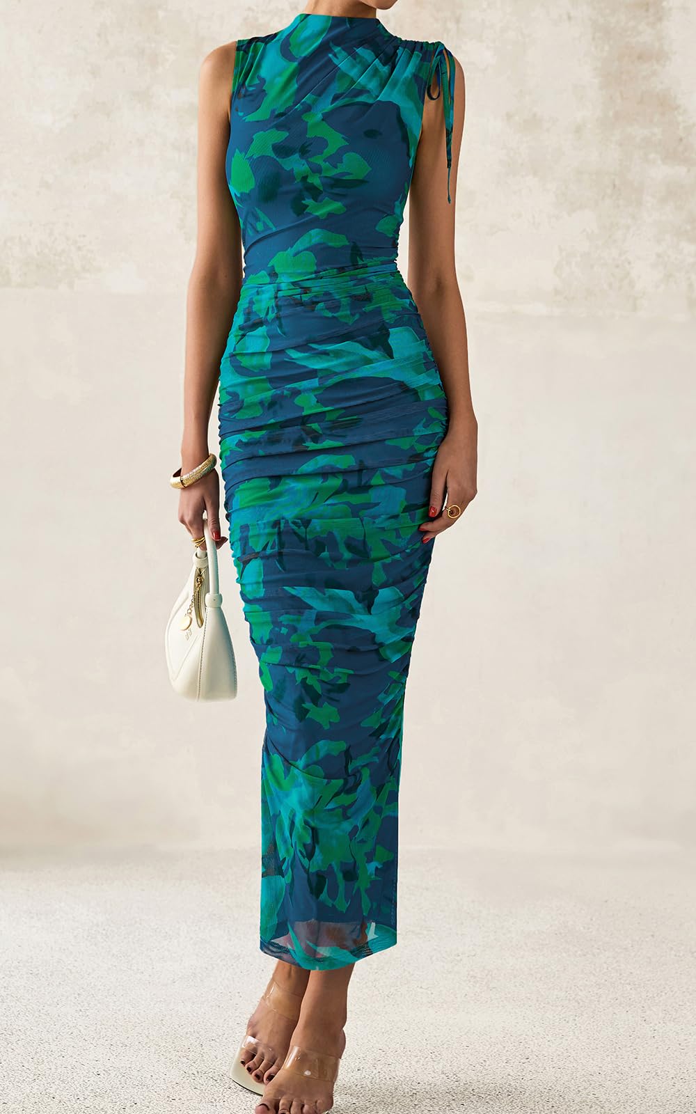 PRETTYGARDEN Women's Summer Maxi Floral Dresses Ruched Bodycon Sleeveless Mesh Formal Wedding Guest Cocktail Split Long Dress PRETTYGARDEN