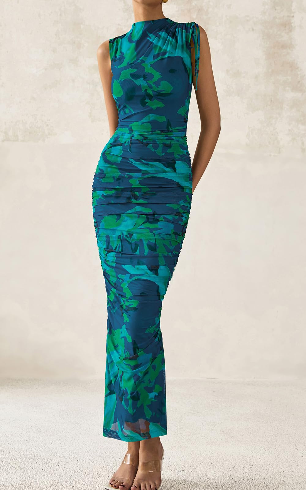 PRETTYGARDEN Women's Summer Maxi Floral Dresses Ruched Bodycon Sleeveless Mesh Formal Wedding Guest Cocktail Split Long Dress PRETTYGARDEN