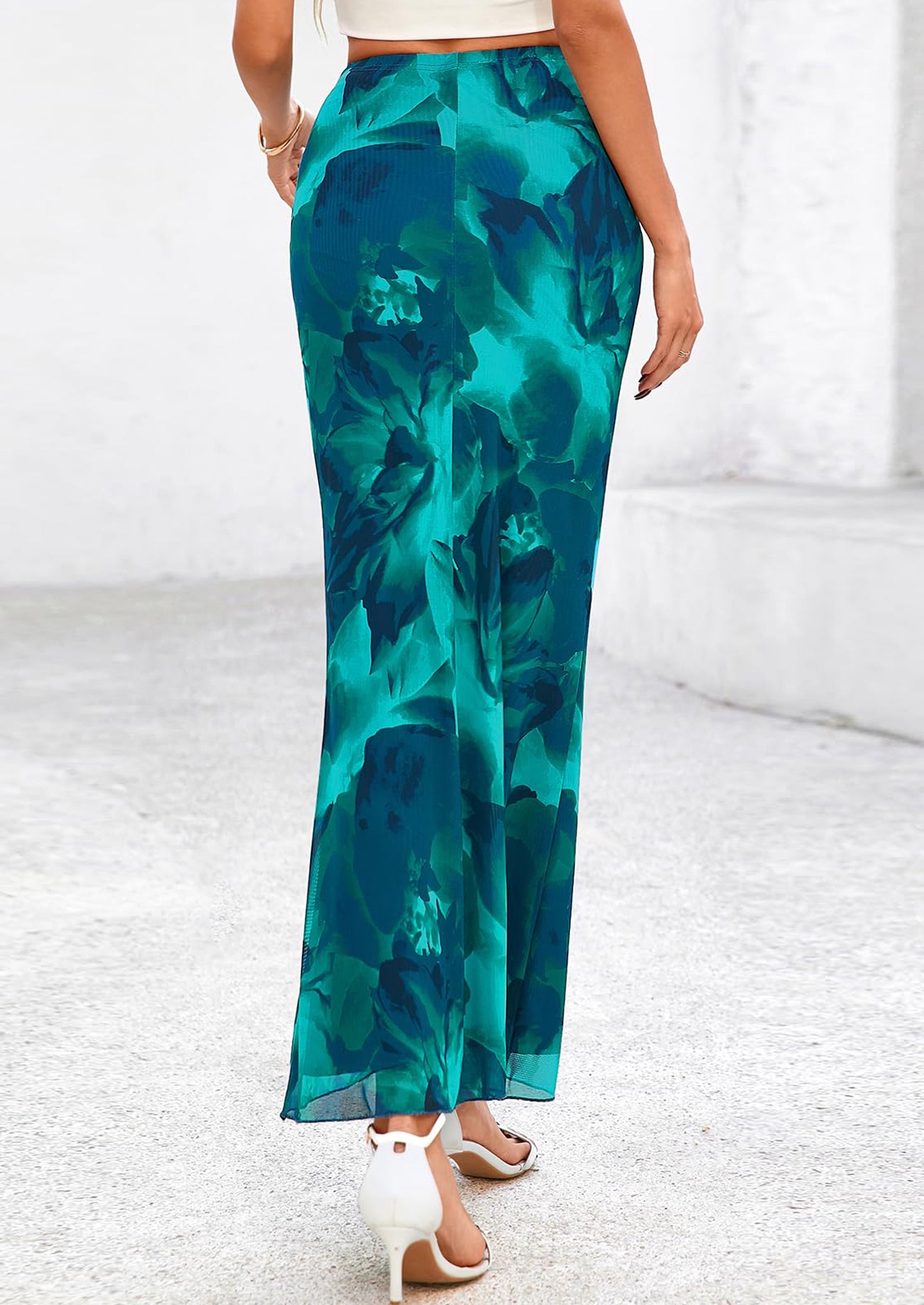 PRETTYGARDEN Women's Floral Print Mesh Long Skirt High Waisted Bodycon Fishtail Flowy Summer Maxi Skirts for Women Trendy