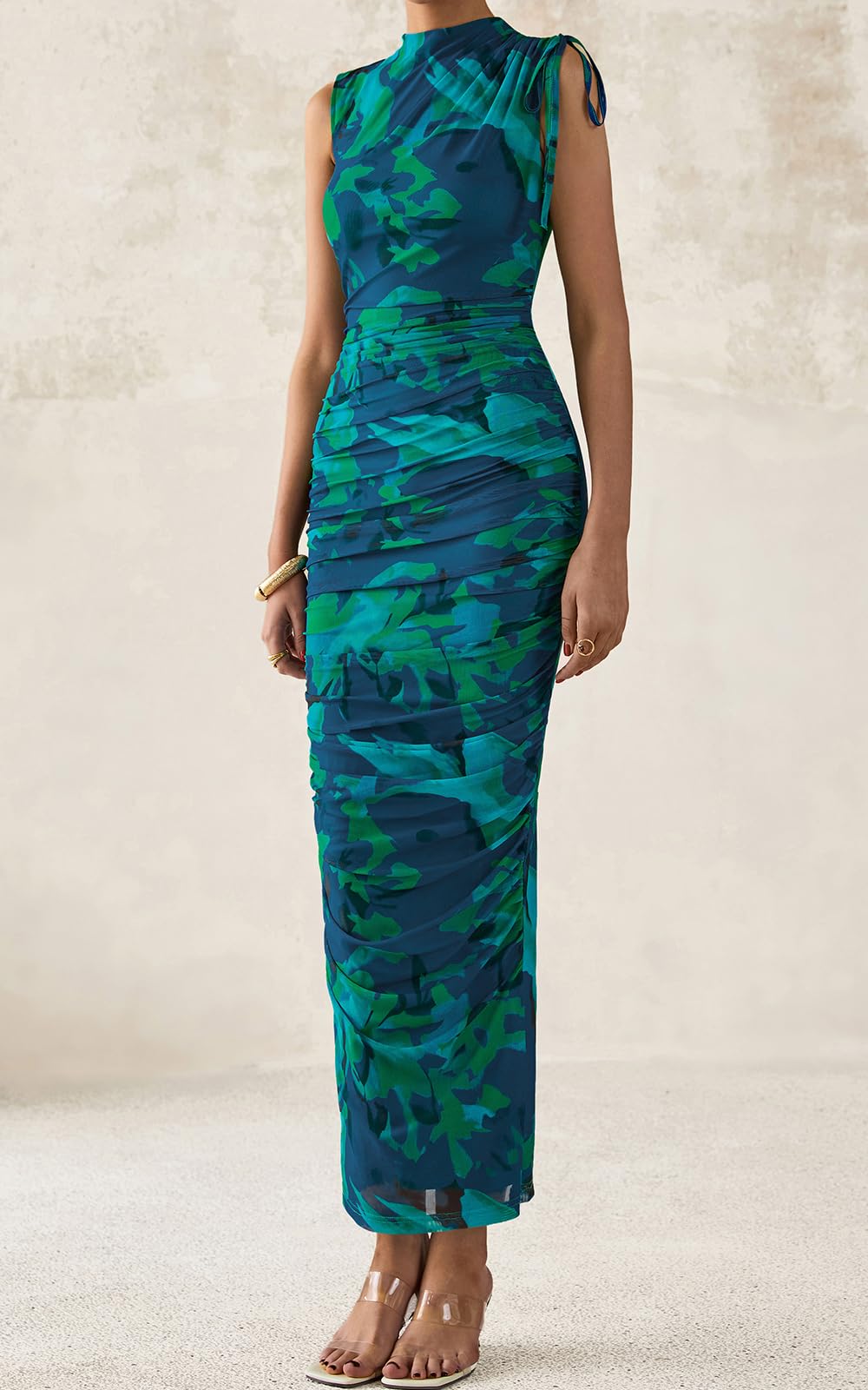 PRETTYGARDEN Women's Summer Maxi Floral Dresses Ruched Bodycon Sleeveless Mesh Formal Wedding Guest Cocktail Split Long Dress PRETTYGARDEN