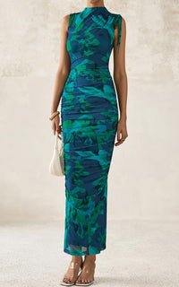 PRETTYGARDEN Women's Summer Maxi Floral Dresses Ruched Bodycon Sleeveless Mesh Formal Wedding Guest Cocktail Split Long Dress PRETTYGARDEN