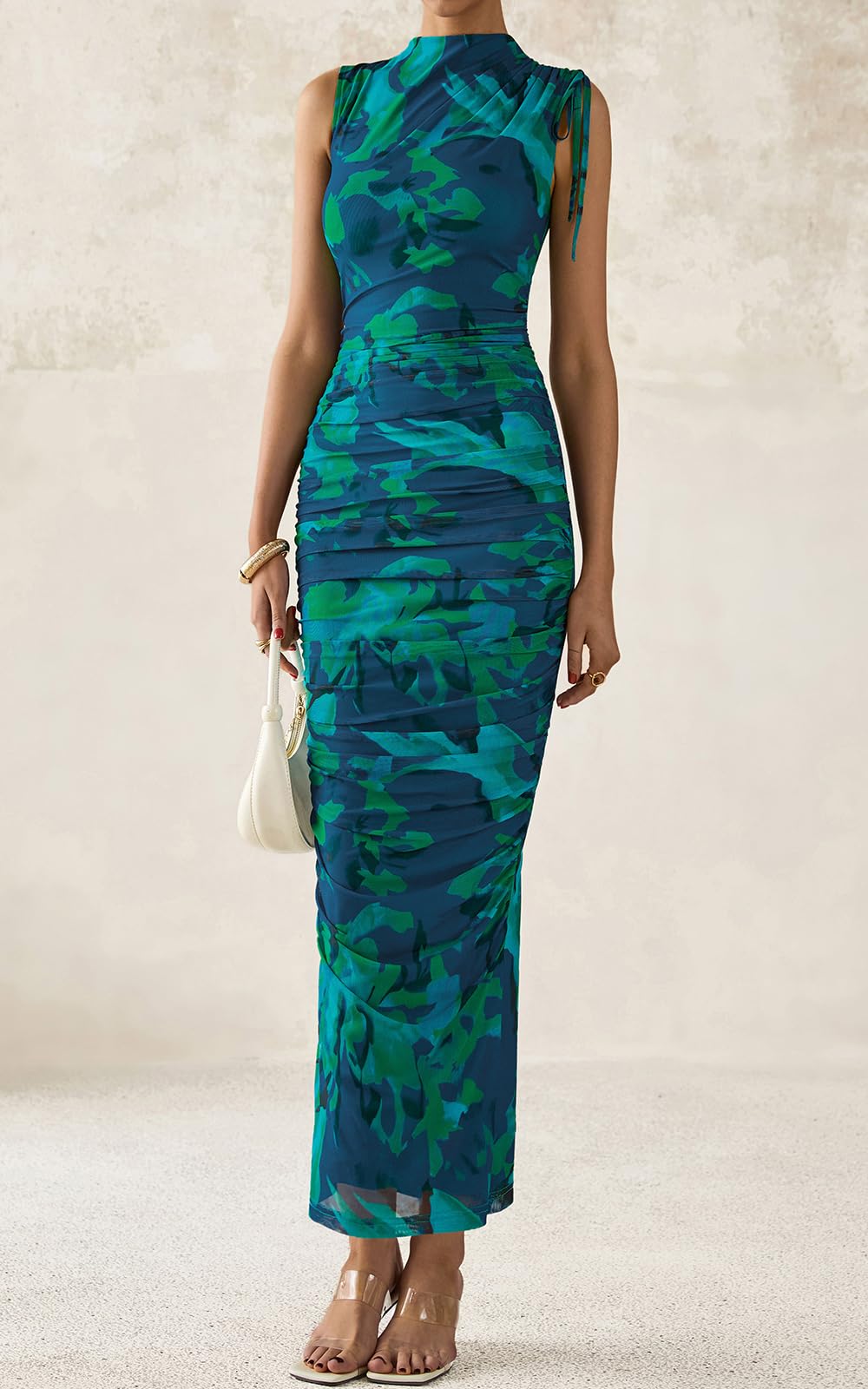 PRETTYGARDEN Women's Summer Maxi Floral Dresses Ruched Bodycon Sleeveless Mesh Formal Wedding Guest Cocktail Split Long Dress PRETTYGARDEN