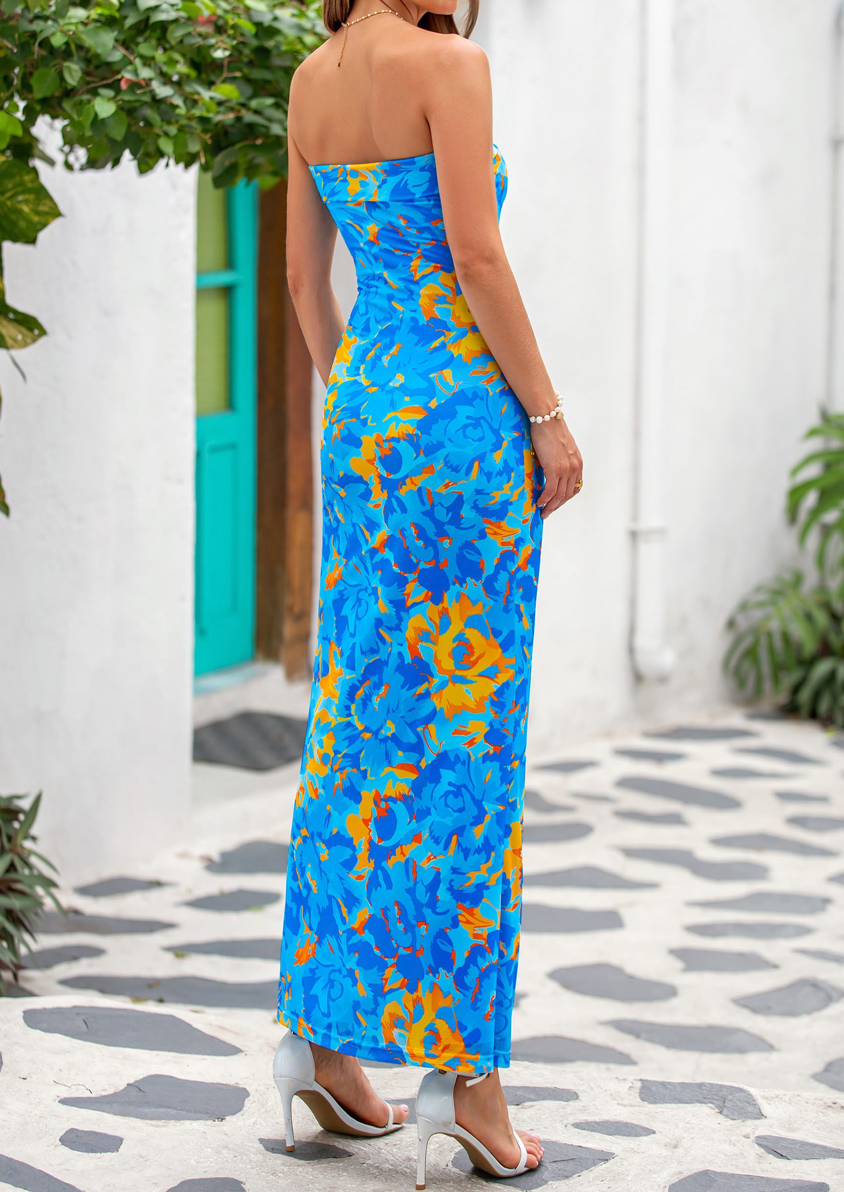 PRETTYGARDEN Womens Printed Tube Maxi Dress Strapless Bodycon Sleeveless Night Out Long Dresses