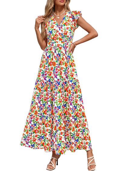 PRETTYGARDEN Womens Summer Maxi Dresses Casual V Neck Ruffle Sleeve Wrap V Neck Floral A Line Flowy Beach Boho Dress PRETTYGARDEN