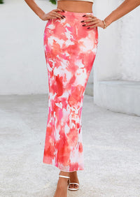 PRETTYGARDEN Women's Floral Print Mesh Long Skirt High Waisted Bodycon Fishtail Flowy Summer Maxi Skirts for Women Trendy