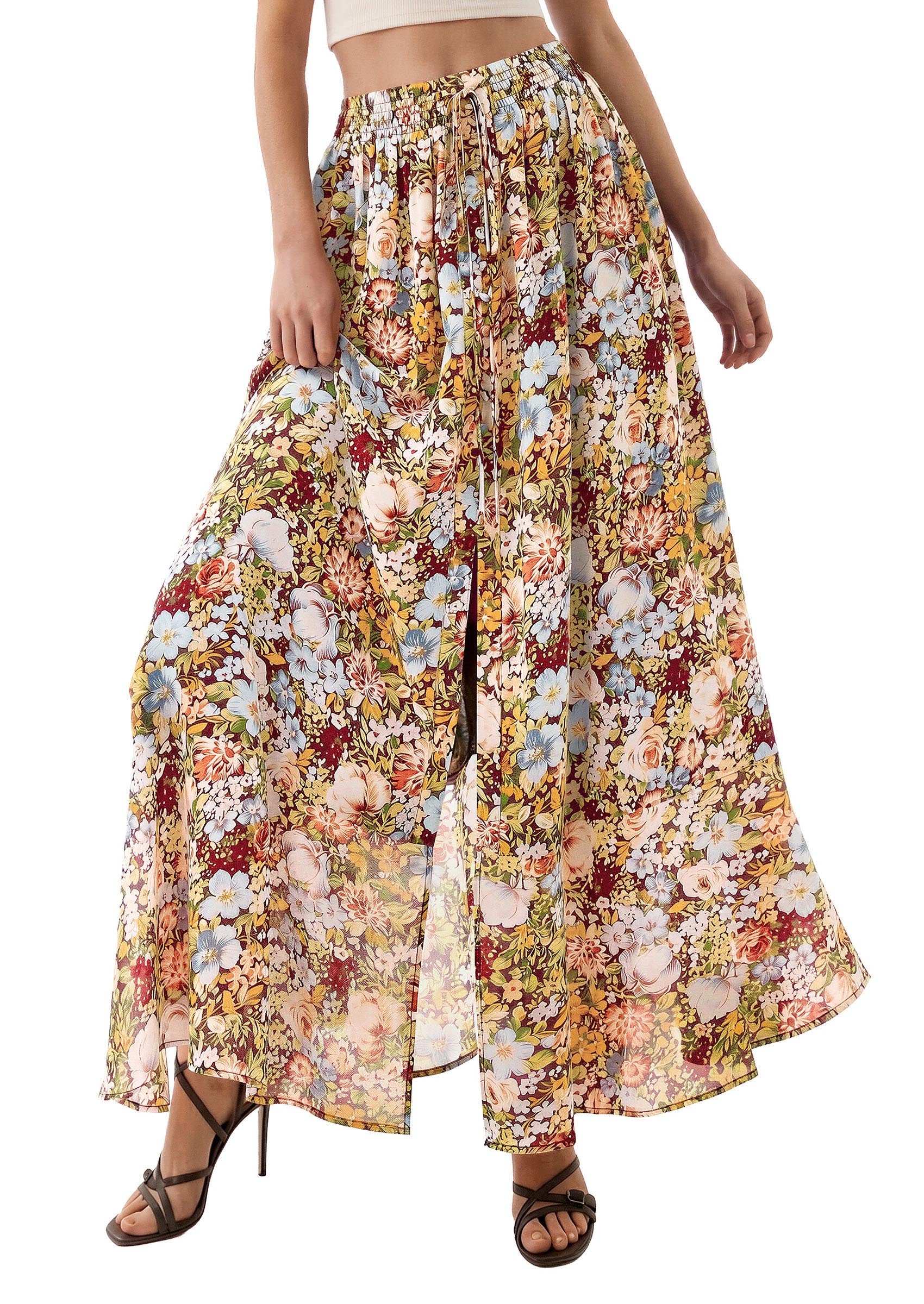 PRETTYGARDEN 2026 Summer Maxi Long Skirts for Women Trendy Boho Floral High Waisted Slit Flowy Travel Beach Vacation Clothes