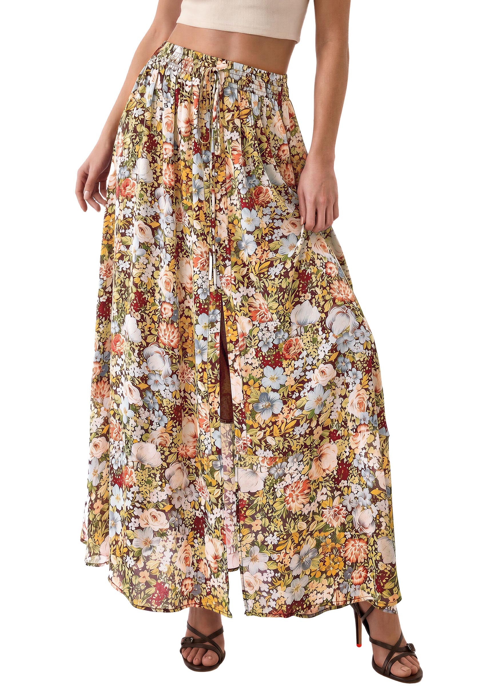 PRETTYGARDEN 2026 Summer Maxi Long Skirts for Women Trendy Boho Floral High Waisted Slit Flowy Travel Beach Vacation Clothes