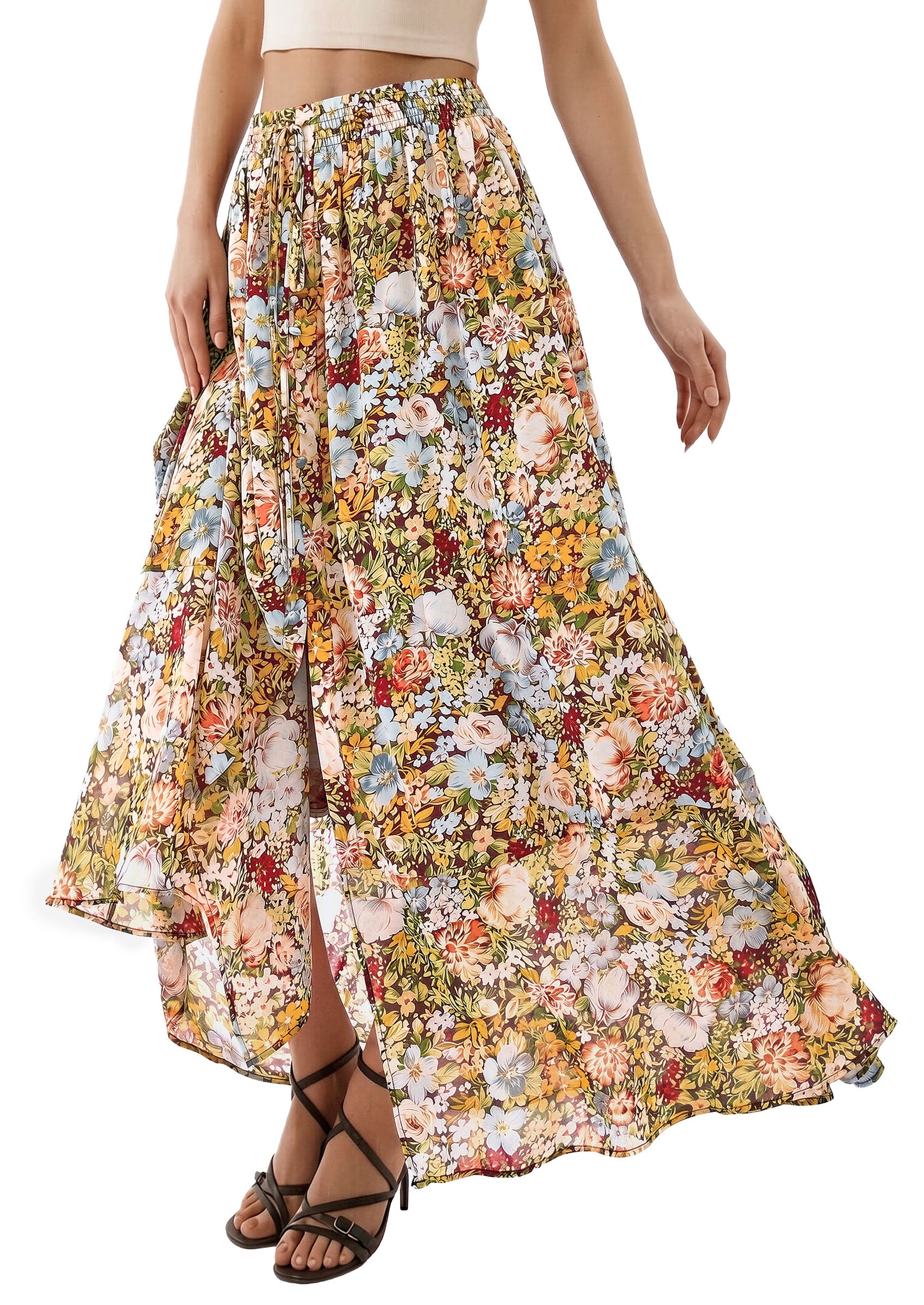 PRETTYGARDEN 2026 Summer Maxi Long Skirts for Women Trendy Boho Floral High Waisted Slit Flowy Travel Beach Vacation Clothes