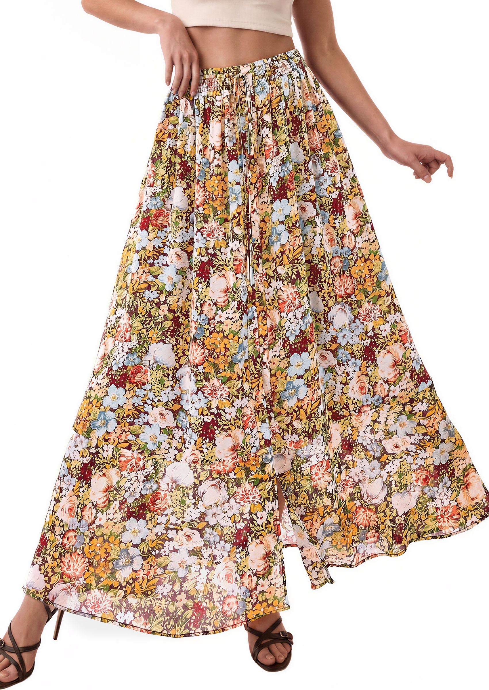 PRETTYGARDEN 2026 Summer Maxi Long Skirts for Women Trendy Boho Floral High Waisted Slit Flowy Travel Beach Vacation Clothes