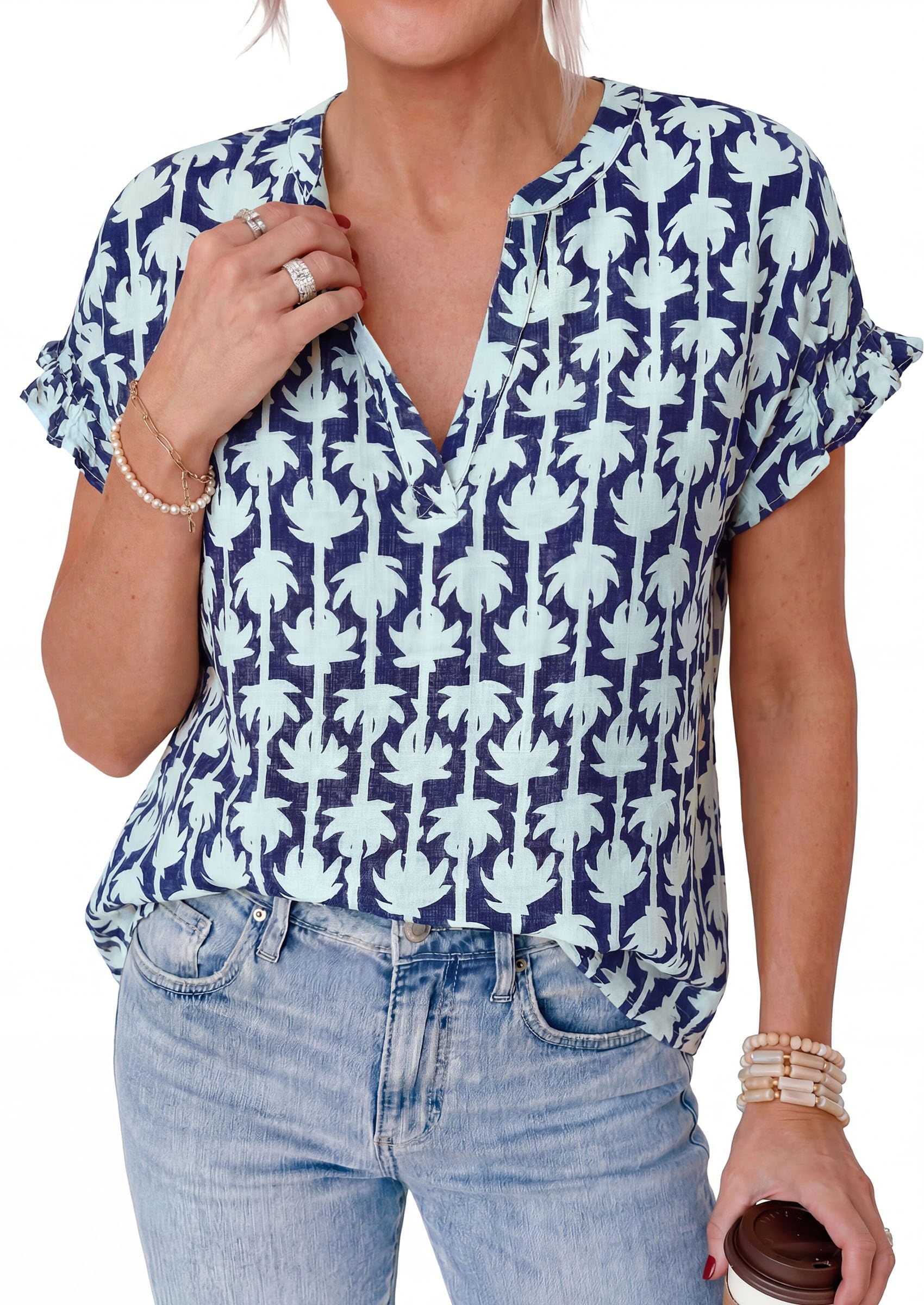 PRETTYGARDEN Womens Floral Print Short Sleeve Summer Tops Trendy V Neck Loose Boho Shirts Casual Work Blouses PRETTYGARDEN