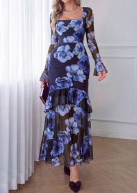 PRETTYGARDEN Womens Floral Long Sleeve Dress A Line Mesh Fall Maxi Dresses | Sheer Sleeve & Bell Cuffs, Lined, High Waist & Tiered Ruffle, Square Neck, Flowy Boho Dress, Cocktail Wedding Guest Dresses