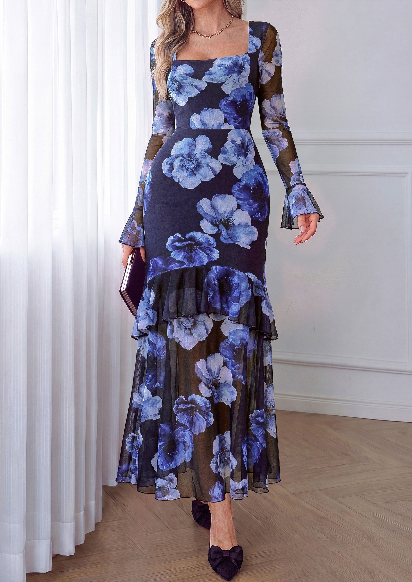 PRETTYGARDEN Womens Floral Long Sleeve Dress A Line Mesh Fall Maxi Dresses | Sheer Sleeve & Bell Cuffs, Lined, High Waist & Tiered Ruffle, Square Neck, Flowy Boho Dress, Cocktail Wedding Guest Dresses