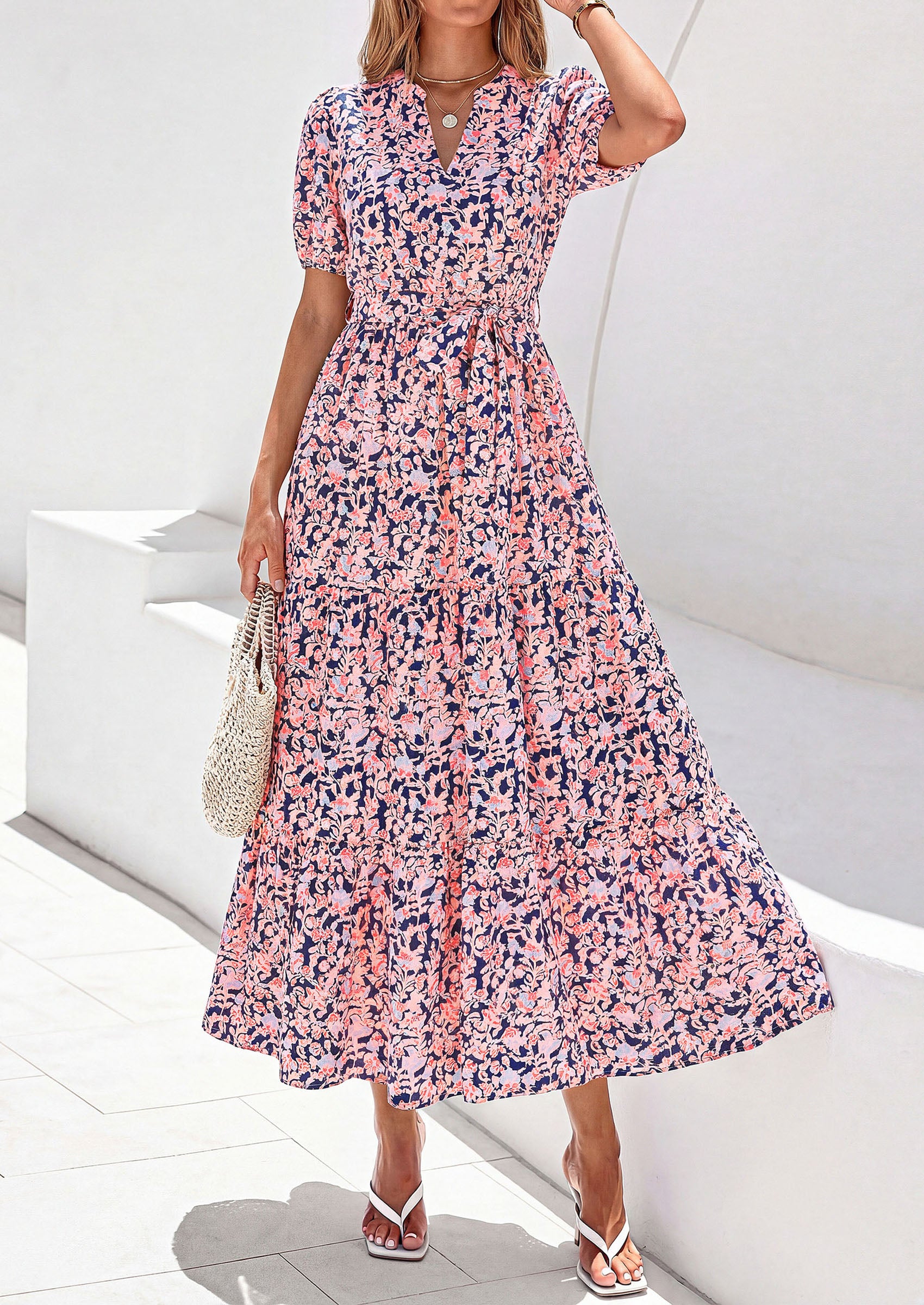 PRETTYGARDEN Women's Summer Maxi Dresses Boho Floral Short Sleeve V Neck Casual Wedding Guest 2026 Beach Vacation Outfits