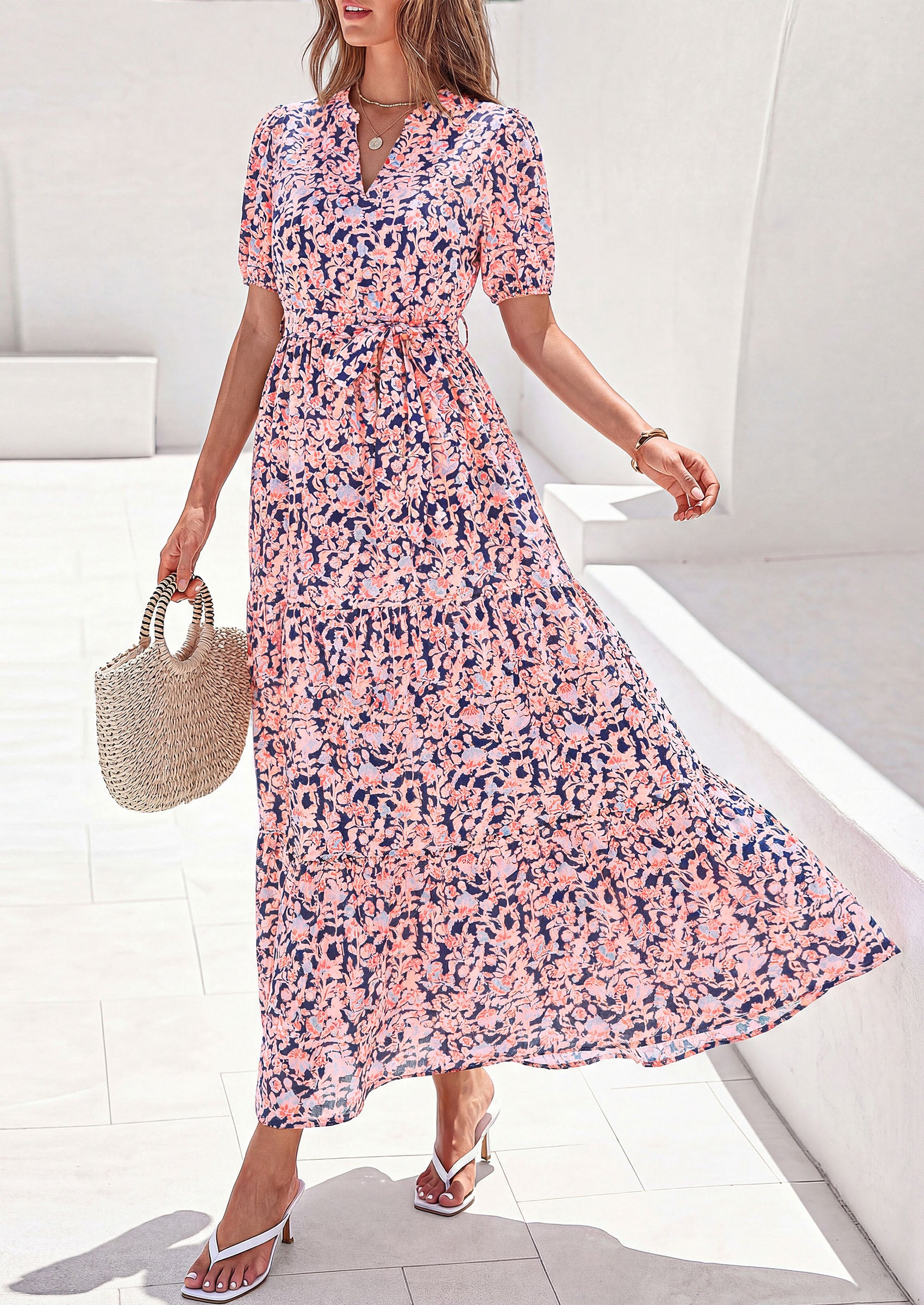 PRETTYGARDEN Women's Summer Maxi Dresses Boho Floral Short Sleeve V Neck Casual Wedding Guest 2026 Beach Vacation Outfits