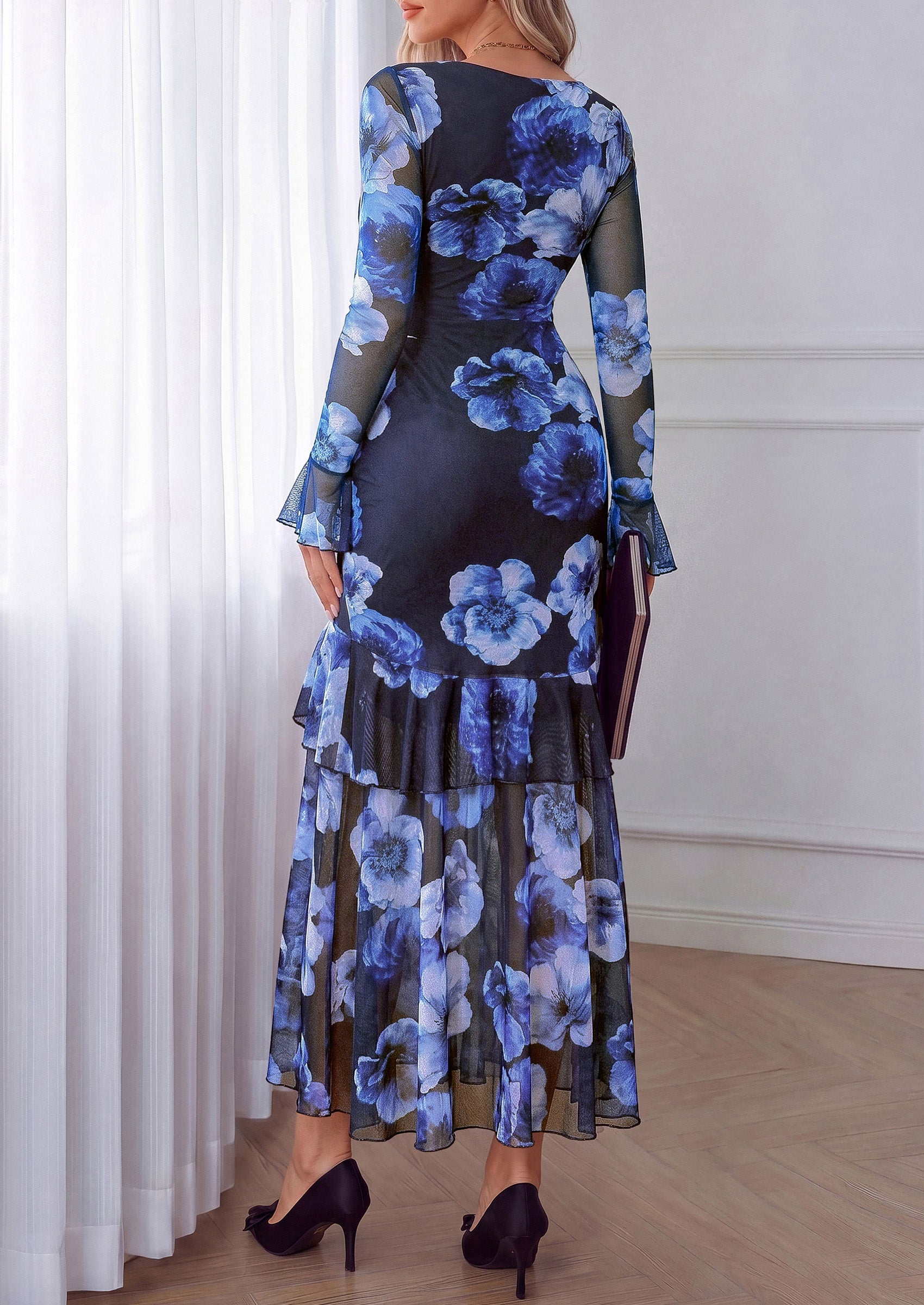 PRETTYGARDEN Womens Floral Long Sleeve Dress A Line Mesh Fall Maxi Dresses | Sheer Sleeve & Bell Cuffs, Lined, High Waist & Tiered Ruffle, Square Neck, Flowy Boho Dress, Cocktail Wedding Guest Dresses