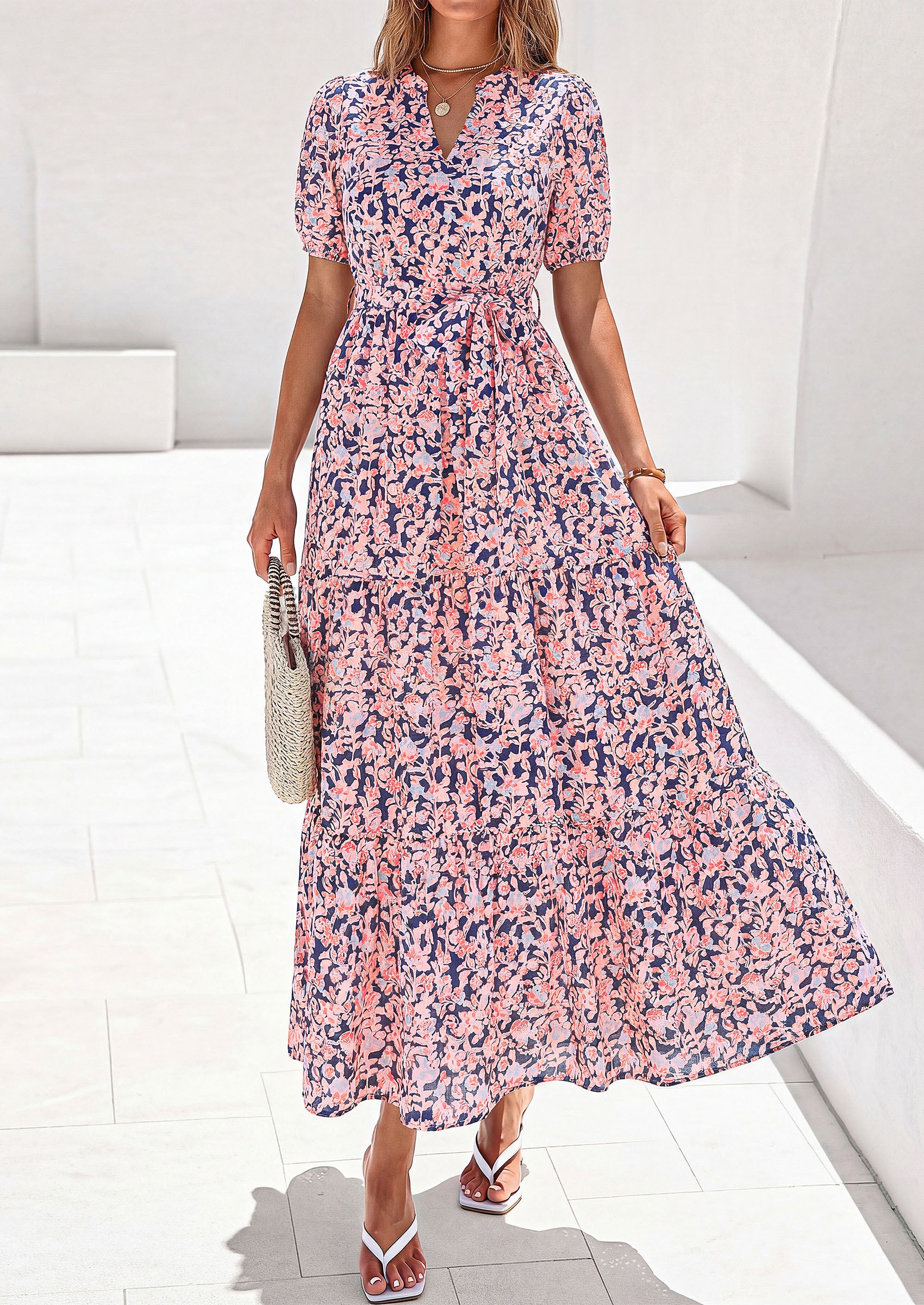 PRETTYGARDEN Women's Summer Maxi Dresses Boho Floral Short Sleeve V Neck Casual Wedding Guest 2026 Beach Vacation Outfits