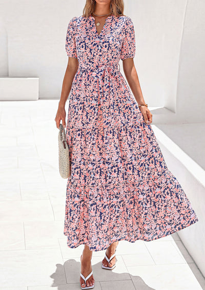 PRETTYGARDEN Women's Summer Maxi Dresses Boho Floral Short Sleeve V Neck Casual Wedding Guest 2026 Beach Vacation Outfits