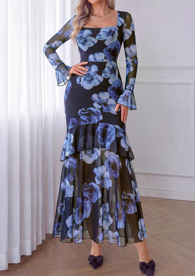 PRETTYGARDEN Womens Floral Long Sleeve Dress A Line Mesh Fall Maxi Dresses | Sheer Sleeve & Bell Cuffs, Lined, High Waist & Tiered Ruffle, Square Neck, Flowy Boho Dress, Cocktail Wedding Guest Dresses