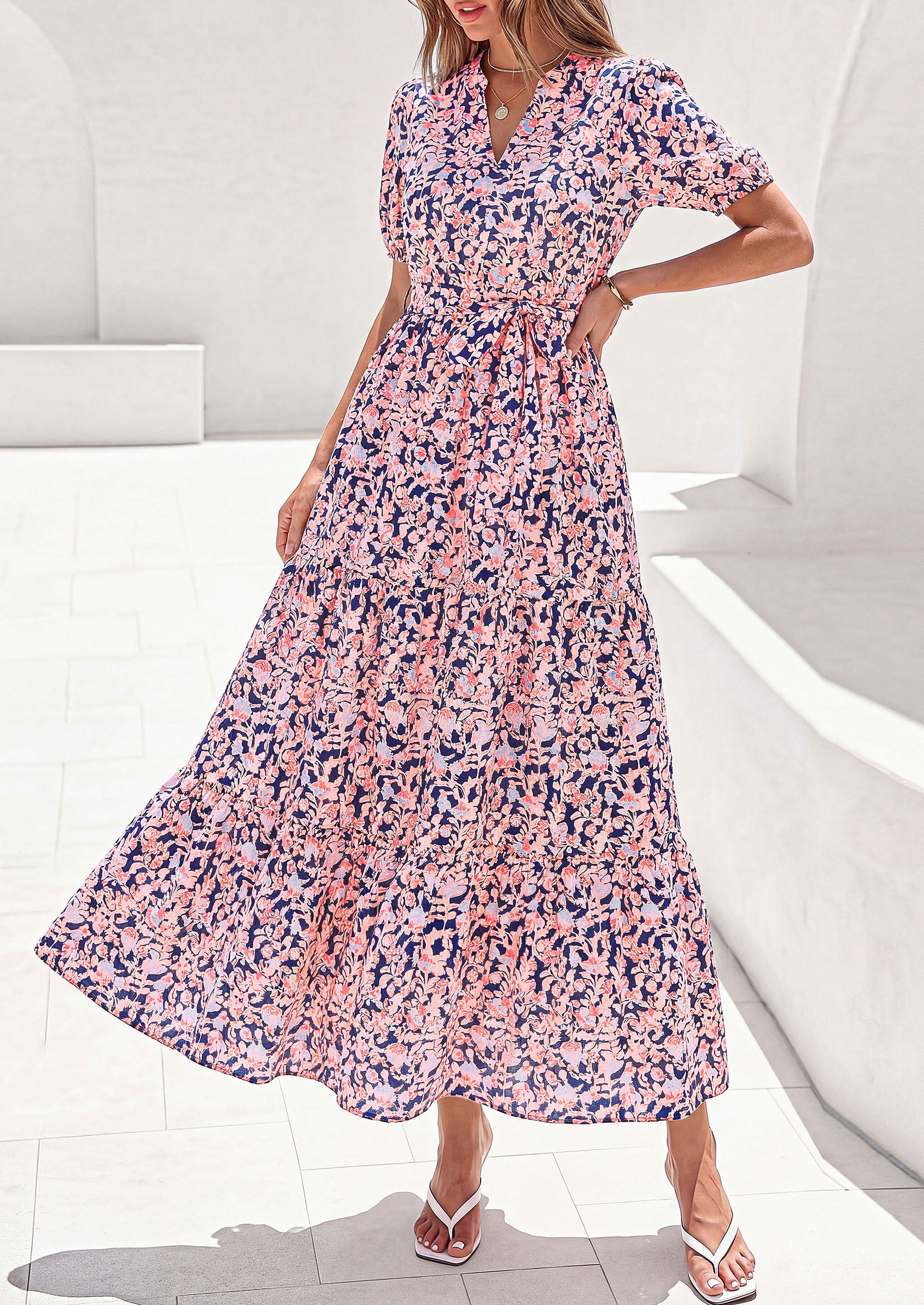 PRETTYGARDEN Women's Summer Maxi Dresses Boho Floral Short Sleeve V Neck Casual Wedding Guest 2026 Beach Vacation Outfits