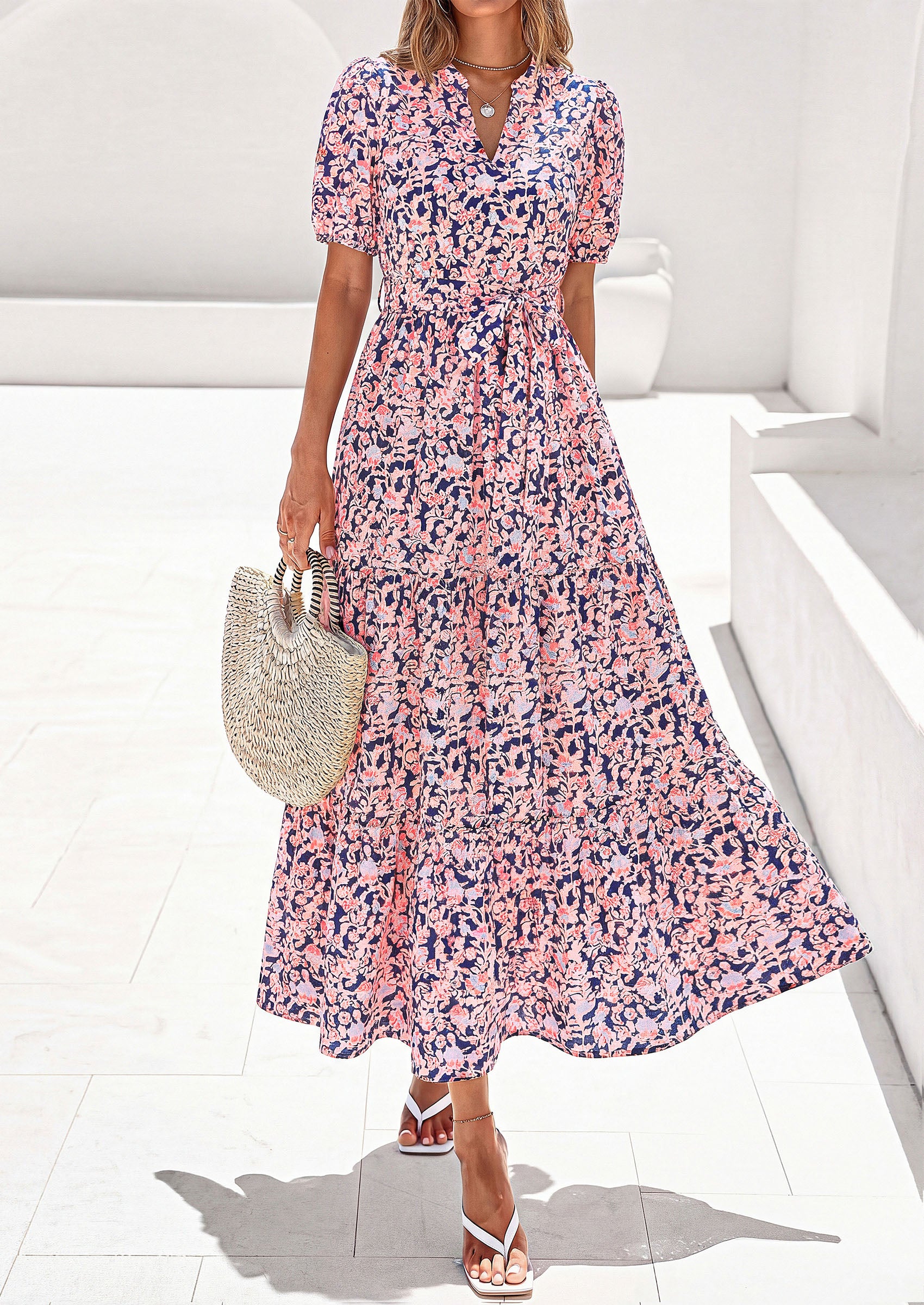 PRETTYGARDEN Women's Summer Maxi Dresses Boho Floral Short Sleeve V Neck Casual Wedding Guest 2026 Beach Vacation Outfits