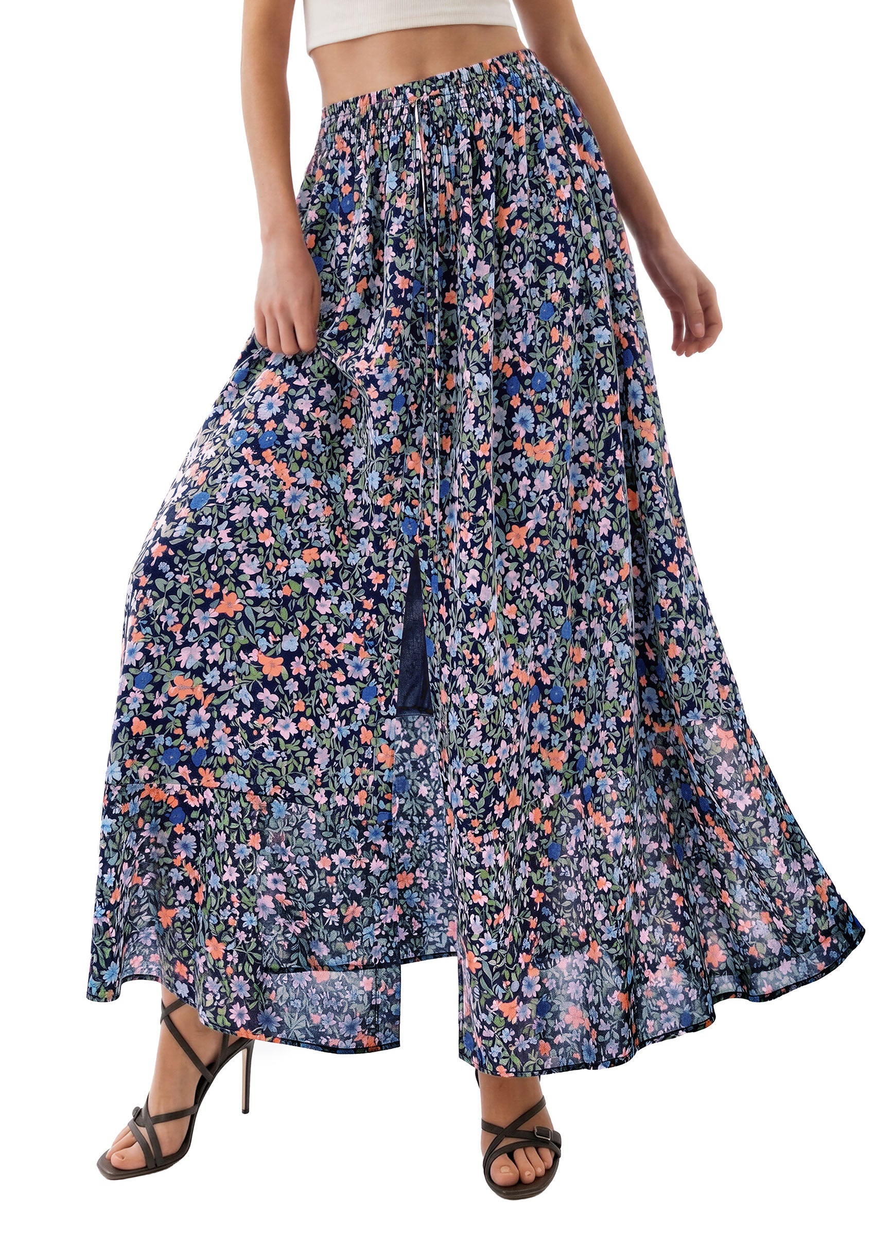 PRETTYGARDEN 2026 Summer Maxi Long Skirts for Women Trendy Boho Floral High Waisted Slit Flowy Travel Beach Vacation Clothes