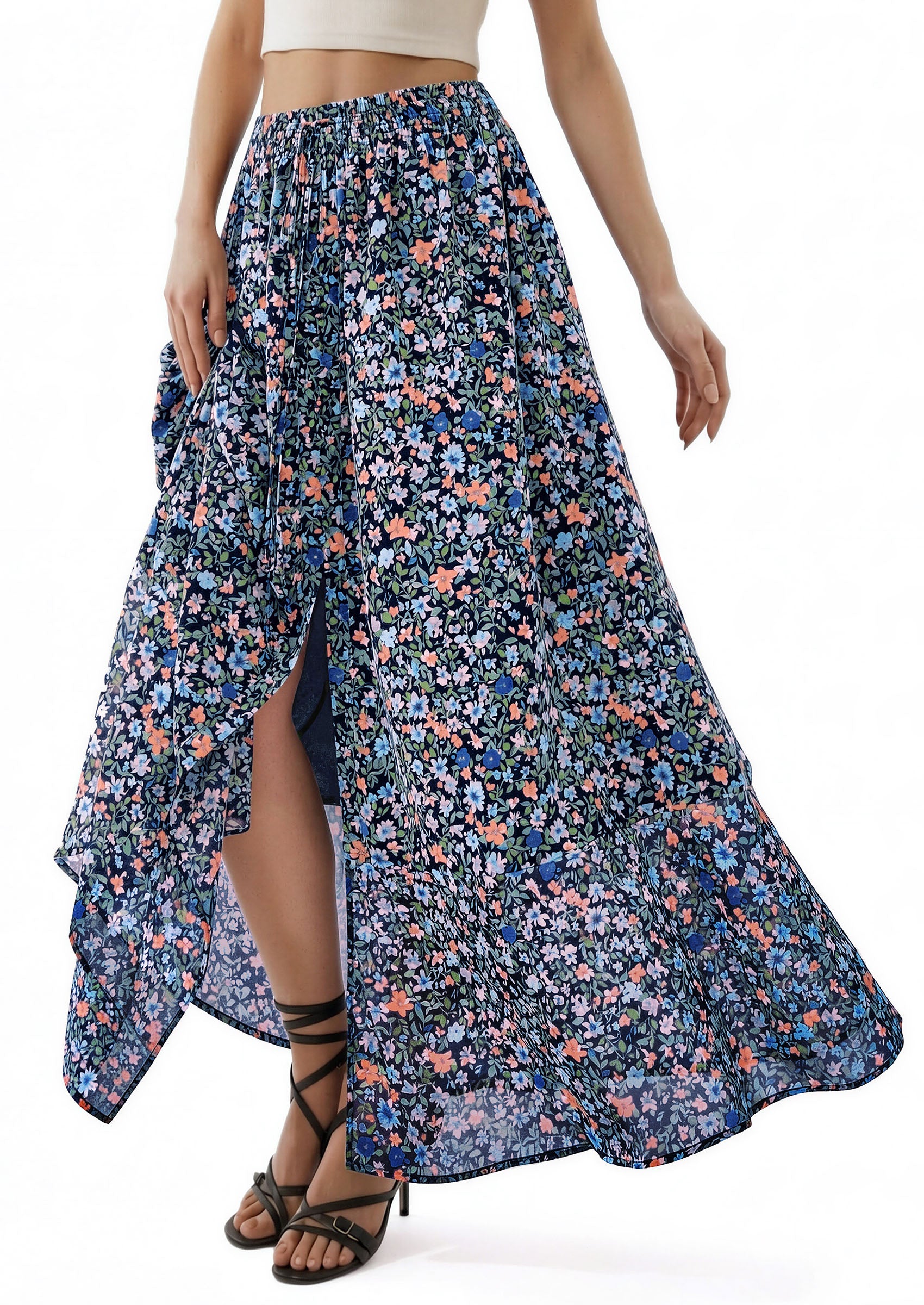 PRETTYGARDEN 2026 Summer Maxi Long Skirts for Women Trendy Boho Floral High Waisted Slit Flowy Travel Beach Vacation Clothes