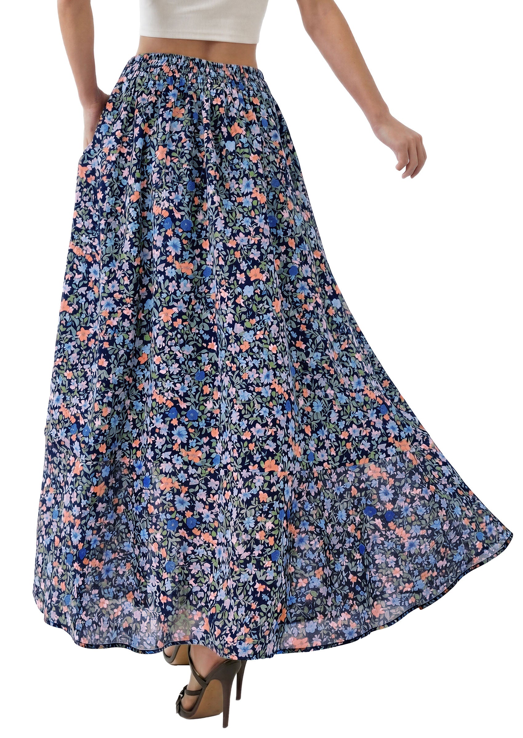 PRETTYGARDEN 2026 Summer Maxi Long Skirts for Women Trendy Boho Floral High Waisted Slit Flowy Travel Beach Vacation Clothes
