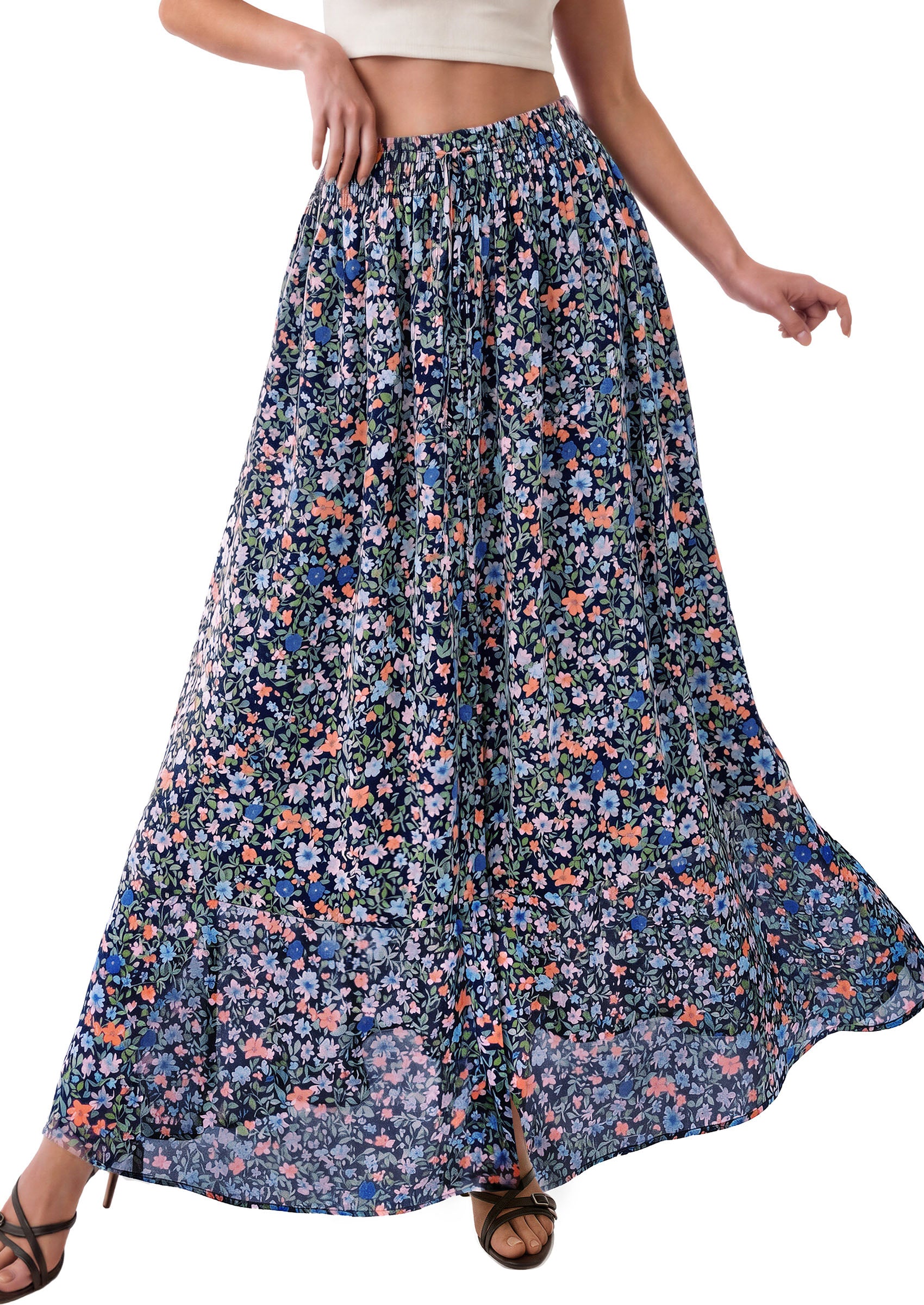 PRETTYGARDEN 2026 Summer Maxi Long Skirts for Women Trendy Boho Floral High Waisted Slit Flowy Travel Beach Vacation Clothes