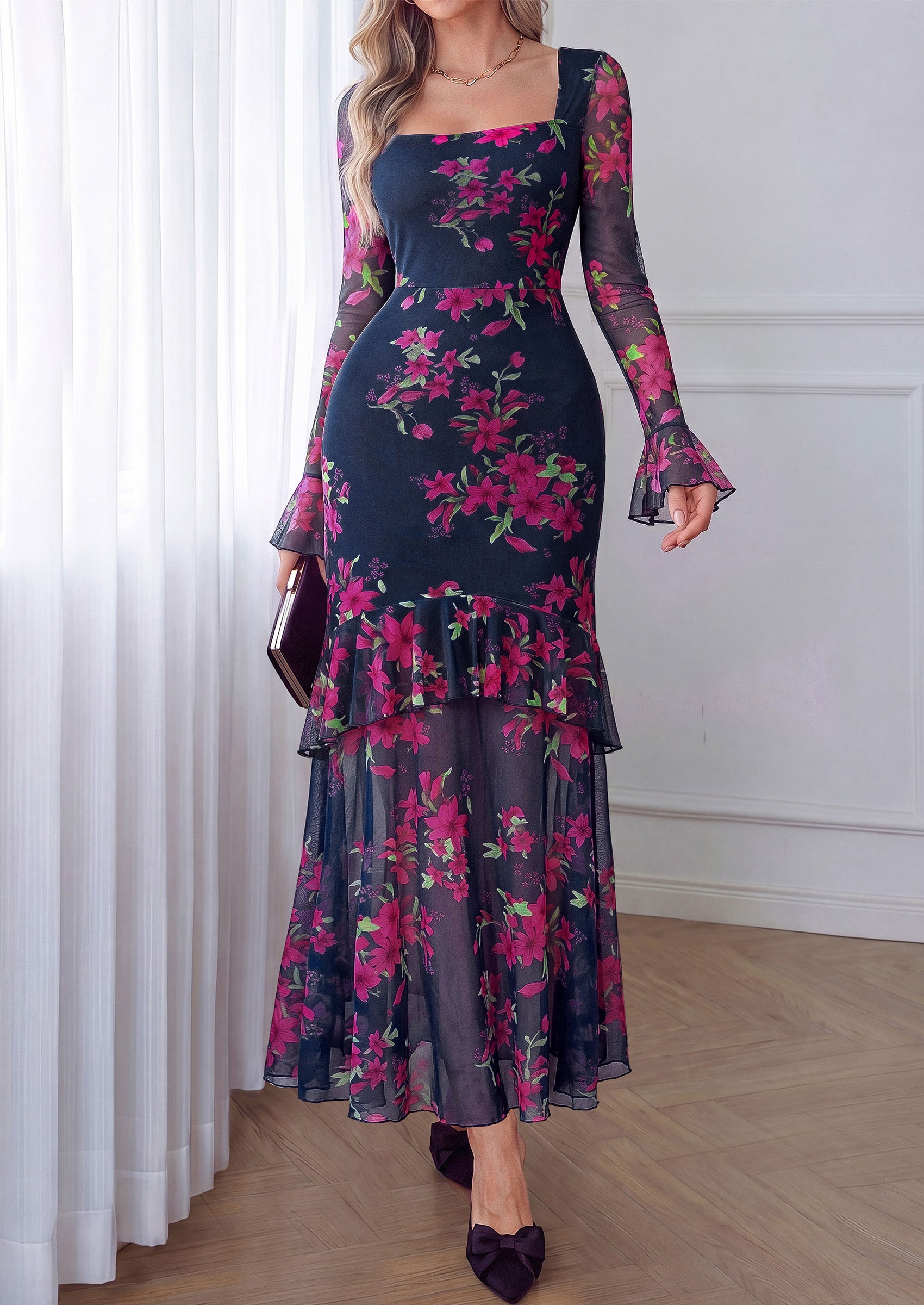PRETTYGARDEN Womens Floral Long Sleeve Dress A Line Mesh Fall Maxi Dresses | Sheer Sleeve & Bell Cuffs, Lined, High Waist & Tiered Ruffle, Square Neck, Flowy Boho Dress, Cocktail Wedding Guest Dresses