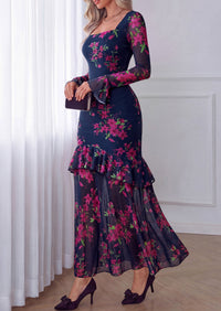 PRETTYGARDEN Womens Floral Long Sleeve Dress A Line Mesh Fall Maxi Dresses | Sheer Sleeve & Bell Cuffs, Lined, High Waist & Tiered Ruffle, Square Neck, Flowy Boho Dress, Cocktail Wedding Guest Dresses