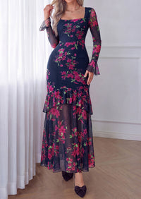 PRETTYGARDEN Womens Floral Long Sleeve Dress A Line Mesh Fall Maxi Dresses | Sheer Sleeve & Bell Cuffs, Lined, High Waist & Tiered Ruffle, Square Neck, Flowy Boho Dress, Cocktail Wedding Guest Dresses