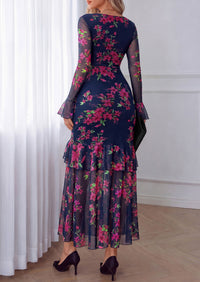 PRETTYGARDEN Womens Floral Long Sleeve Dress A Line Mesh Fall Maxi Dresses | Sheer Sleeve & Bell Cuffs, Lined, High Waist & Tiered Ruffle, Square Neck, Flowy Boho Dress, Cocktail Wedding Guest Dresses