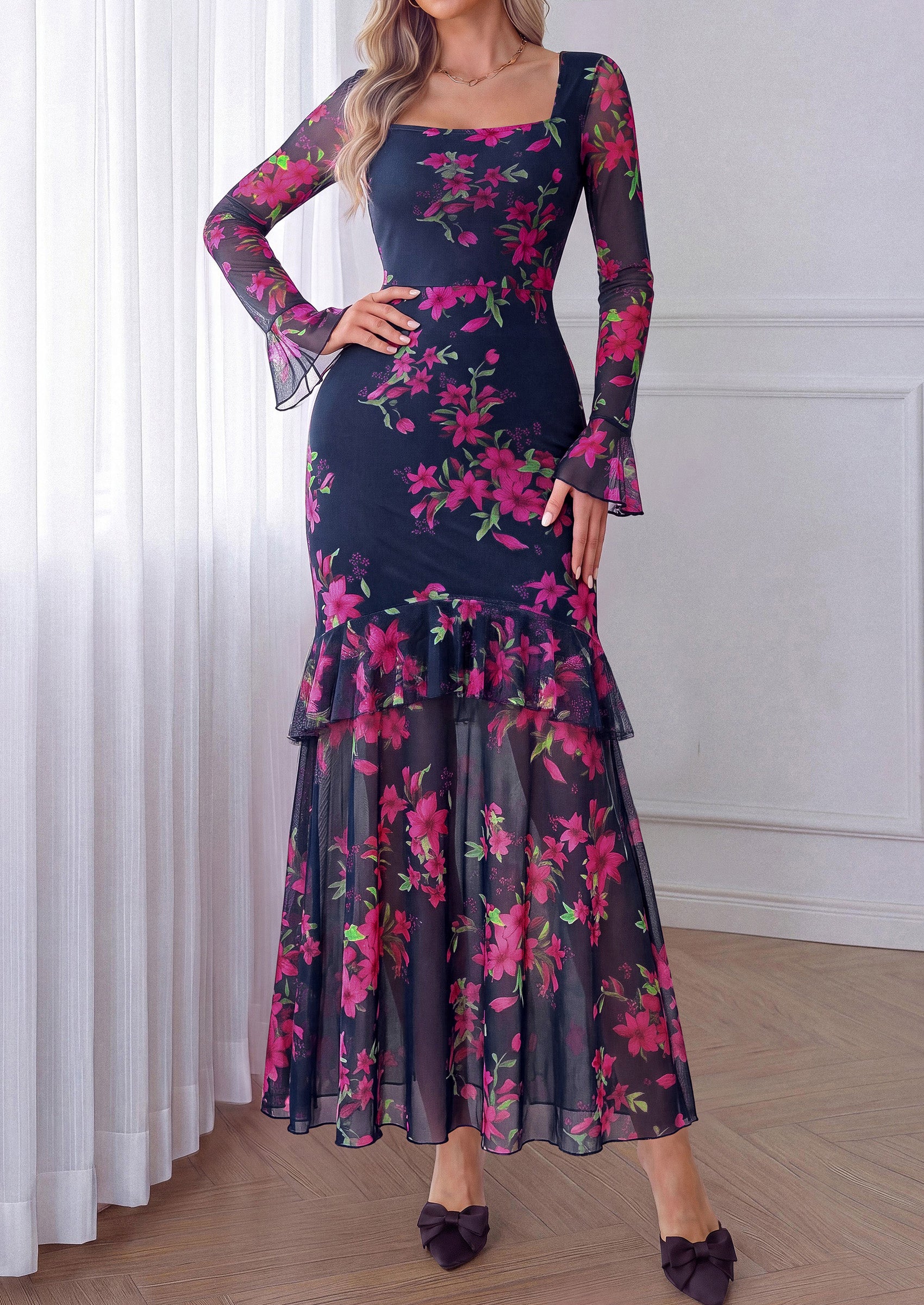 PRETTYGARDEN Womens Floral Long Sleeve Dress A Line Mesh Fall Maxi Dresses | Sheer Sleeve & Bell Cuffs, Lined, High Waist & Tiered Ruffle, Square Neck, Flowy Boho Dress, Cocktail Wedding Guest Dresses