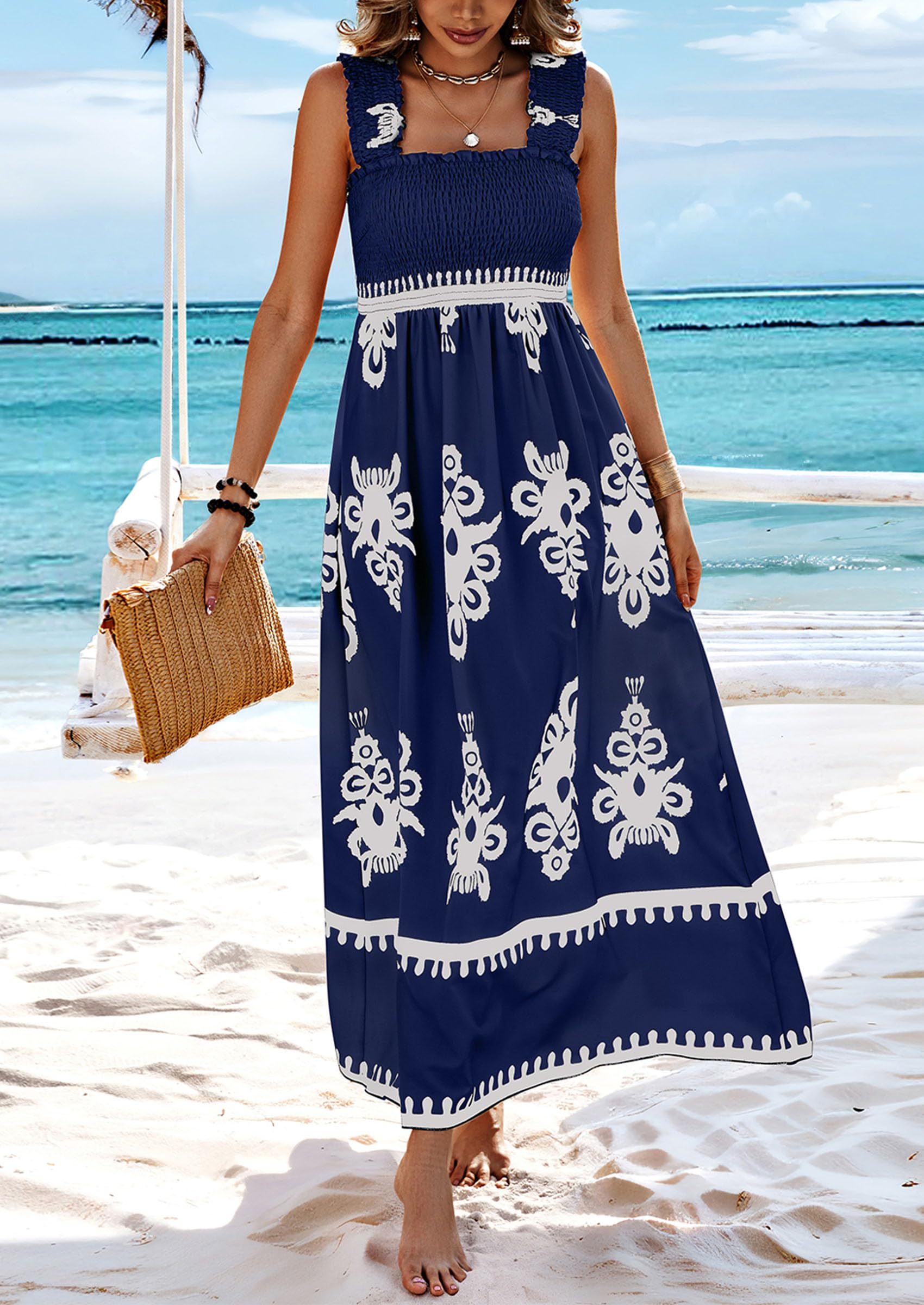 PRETTYGARDEN Womens Summer Boho Maxi Dress Casual Sleeveless Square Neck Floral Aline Smocked Beach Dresses with Pockets