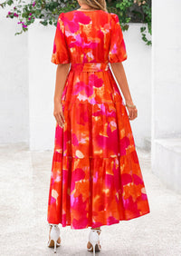 PRETTYGARDEN Women's Maxi Dress Resort Wear Boho Floral V Neck Puff Short Sleeve Ruffle Flowy Beach Long Dresses