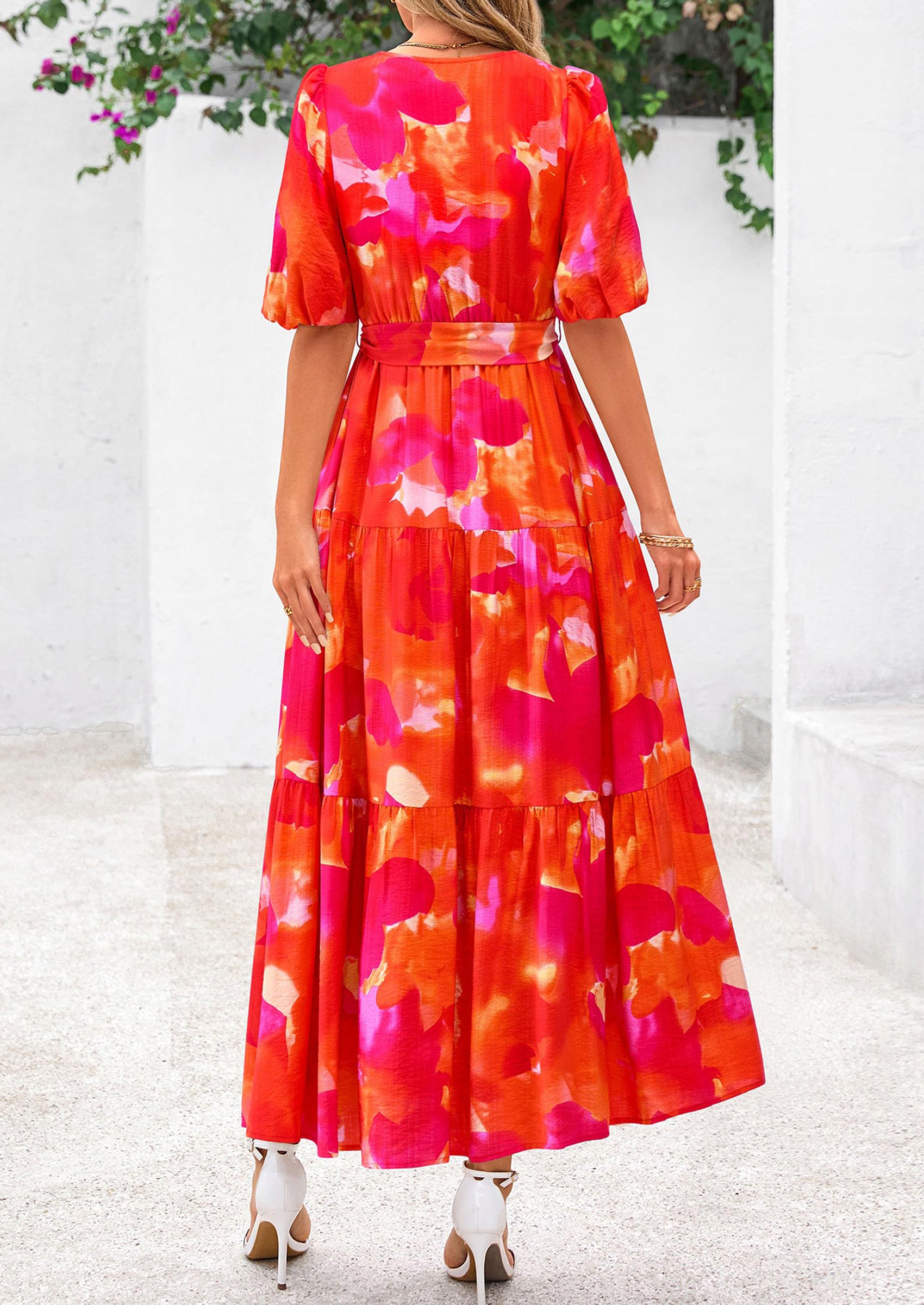 PRETTYGARDEN Women's Maxi Dress Resort Wear Boho Floral V Neck Puff Short Sleeve Ruffle Flowy Beach Long Dresses