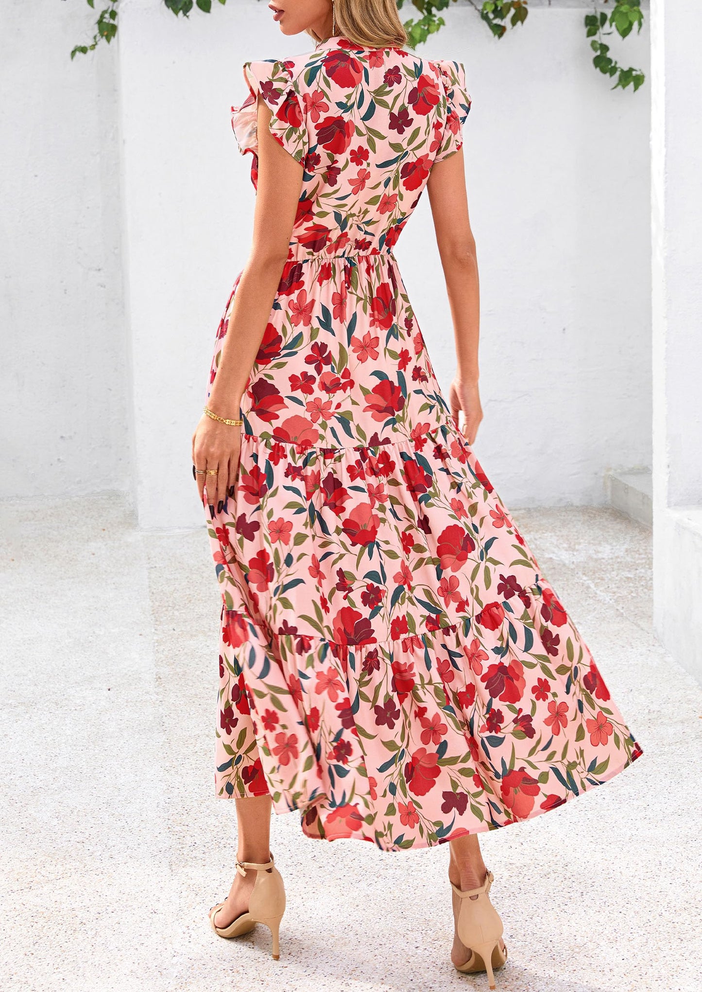 Women's 2025 Summer Floral Midi Dress Cap Sleeve V Neck Ruffle Long Flowy Boho Casual Beach Vacation Dresses