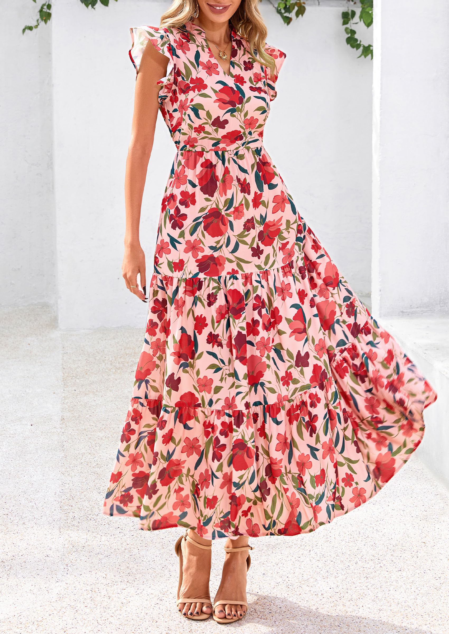 PRETTYGARDEN Women's Summer Floral Midi Dress Cap Sleeve V Neck Ruffle Long Flowy Boho Casual Beach Vacation Dresses