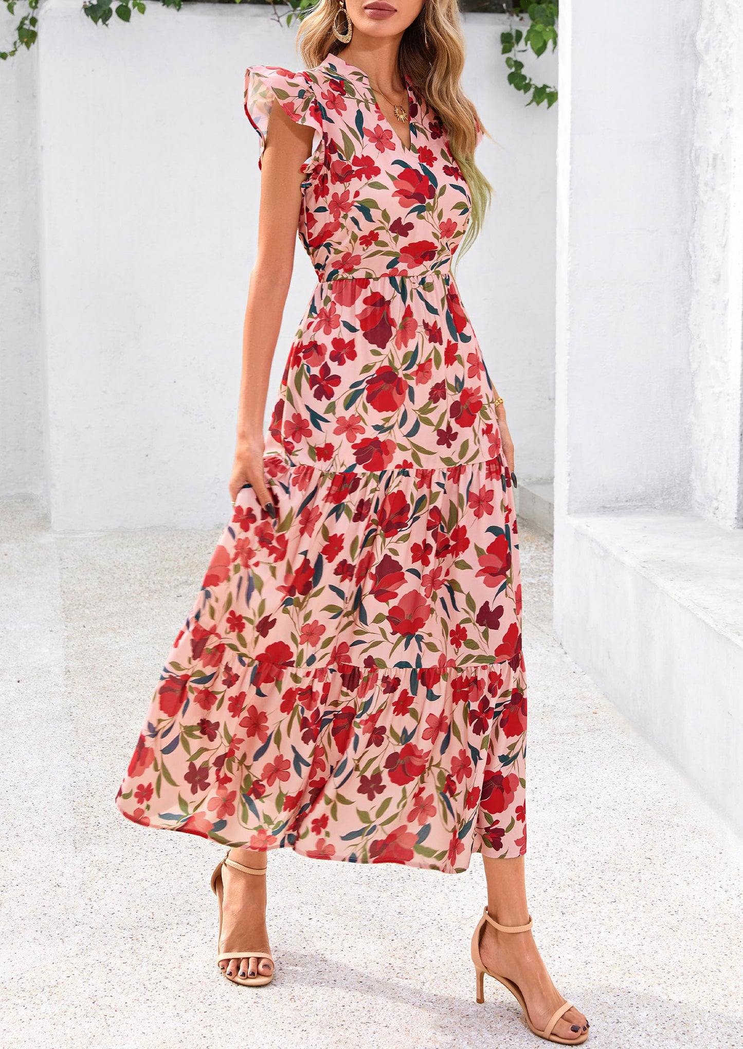 Women's 2025 Summer Floral Midi Dress Cap Sleeve V Neck Ruffle Long Flowy Boho Casual Beach Vacation Dresses