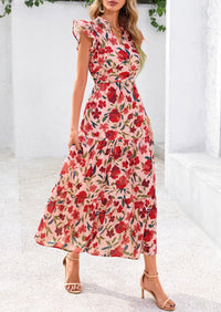 Summer Floral Cap Sleeve V Neck Ruffle Long Flowy Boho Casual Beach Vacation Midi Dress