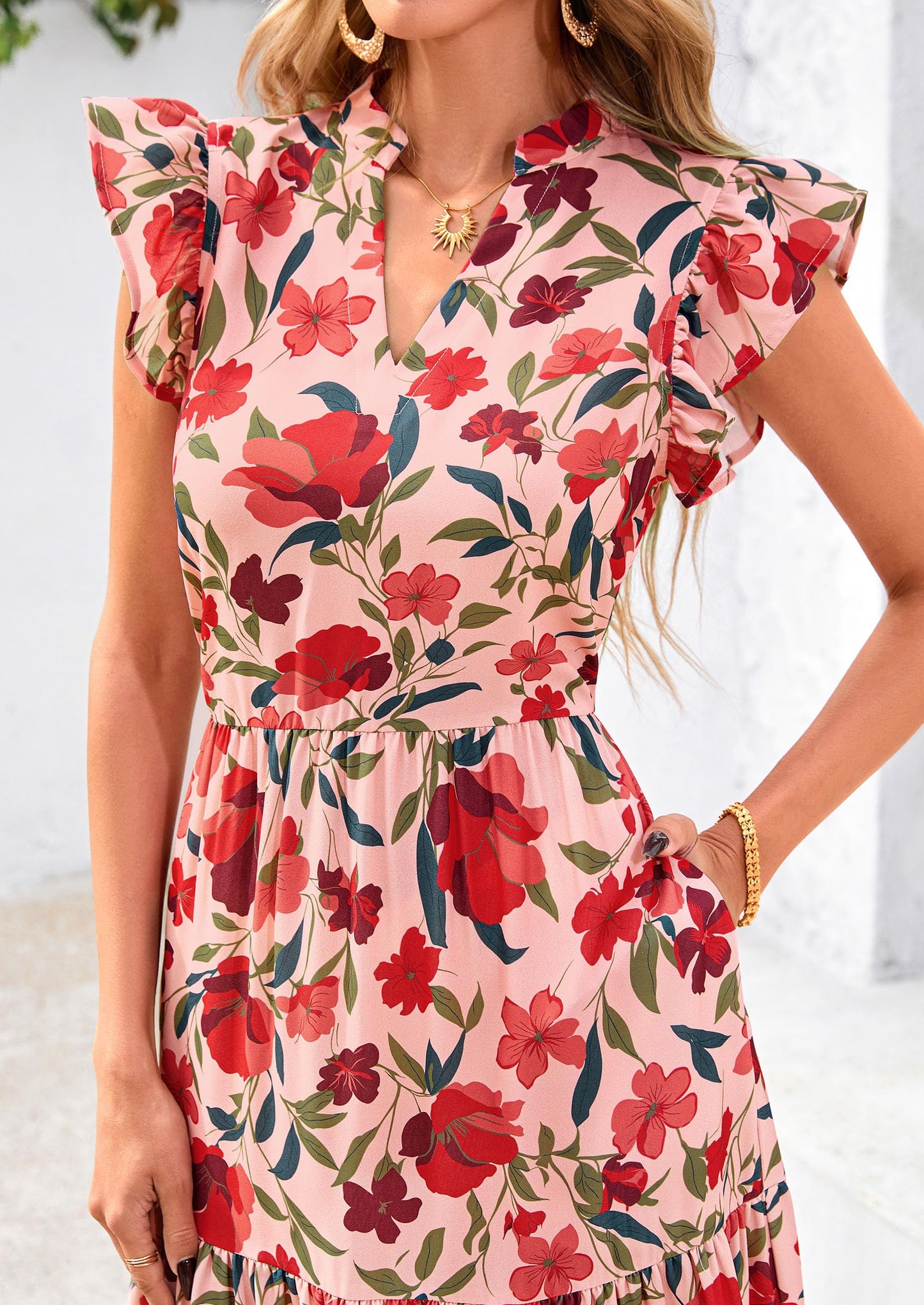 Women's 2025 Summer Floral Midi Dress Cap Sleeve V Neck Ruffle Long Flowy Boho Casual Beach Vacation Dresses